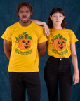 Alex and Issac are wearing  Halloween Organic Tee in Pumpkin