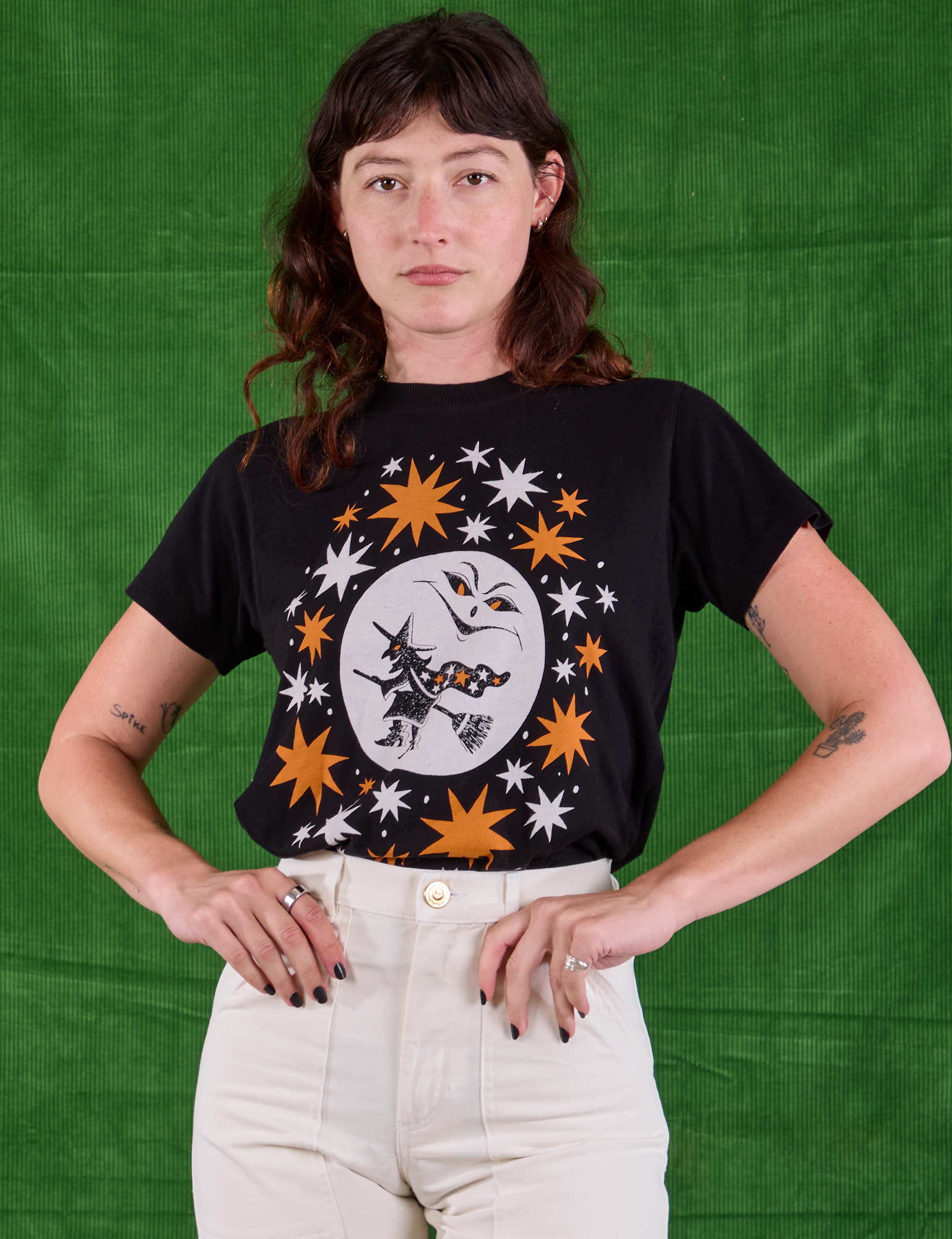 Alex is wearing Halloween Organic Tee in Moon tucked into vintage tee off-white Work Pants