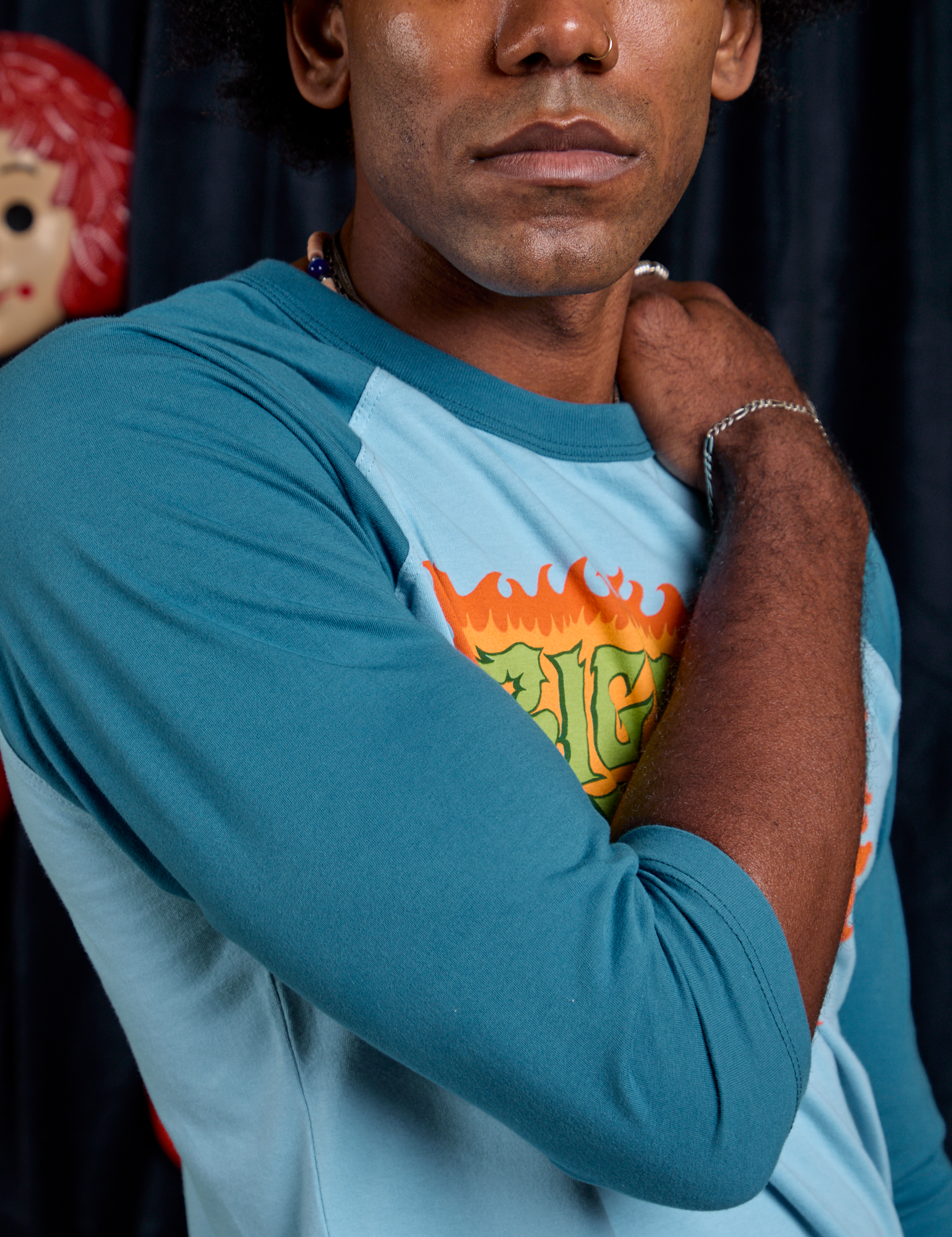 Raglan Tee in Haunted BBP marine blue sleeve close up