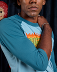 Raglan Tee in Haunted BBP marine blue sleeve close up
