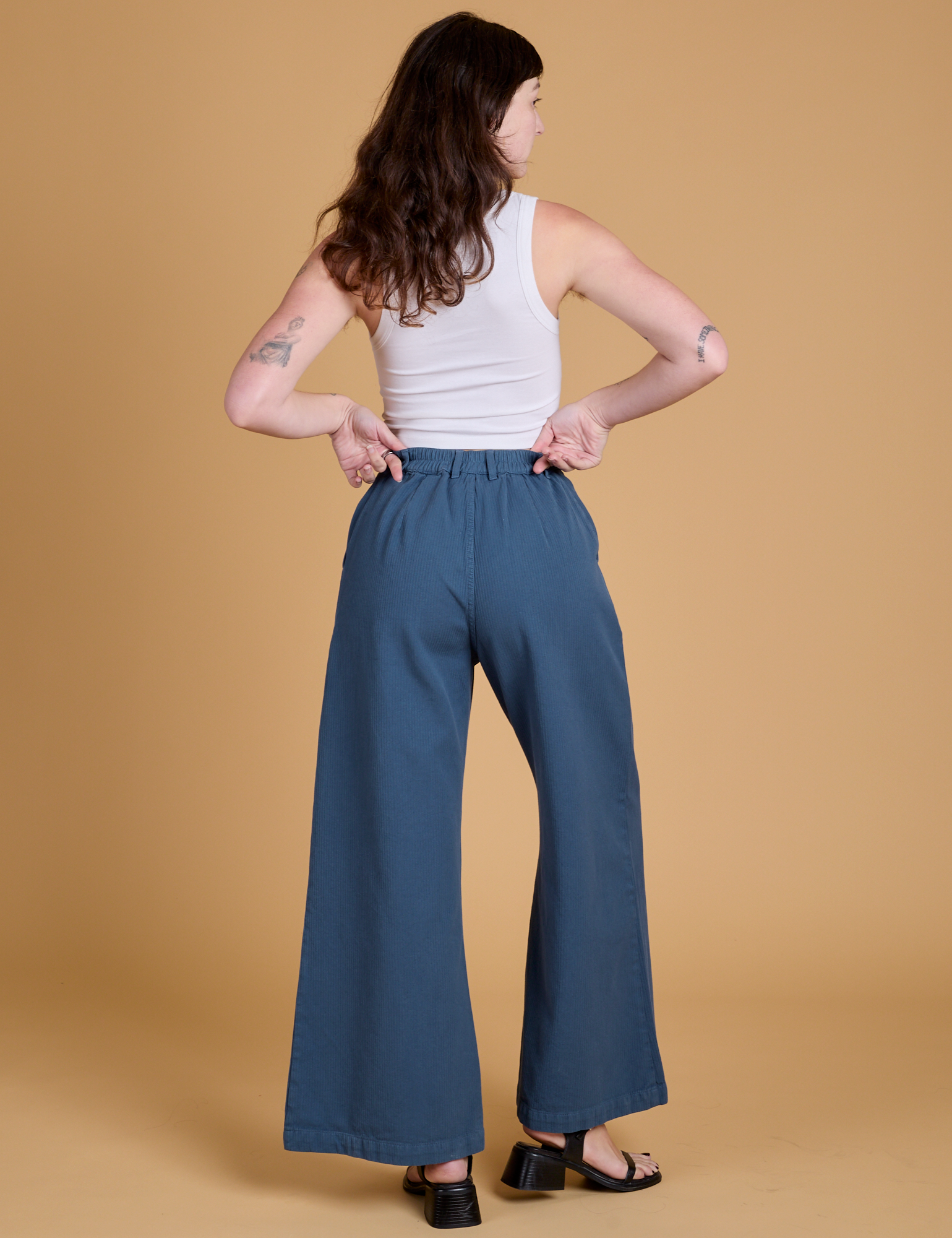 Heritage Wide Leg Trousers in French Blue back view on Alex