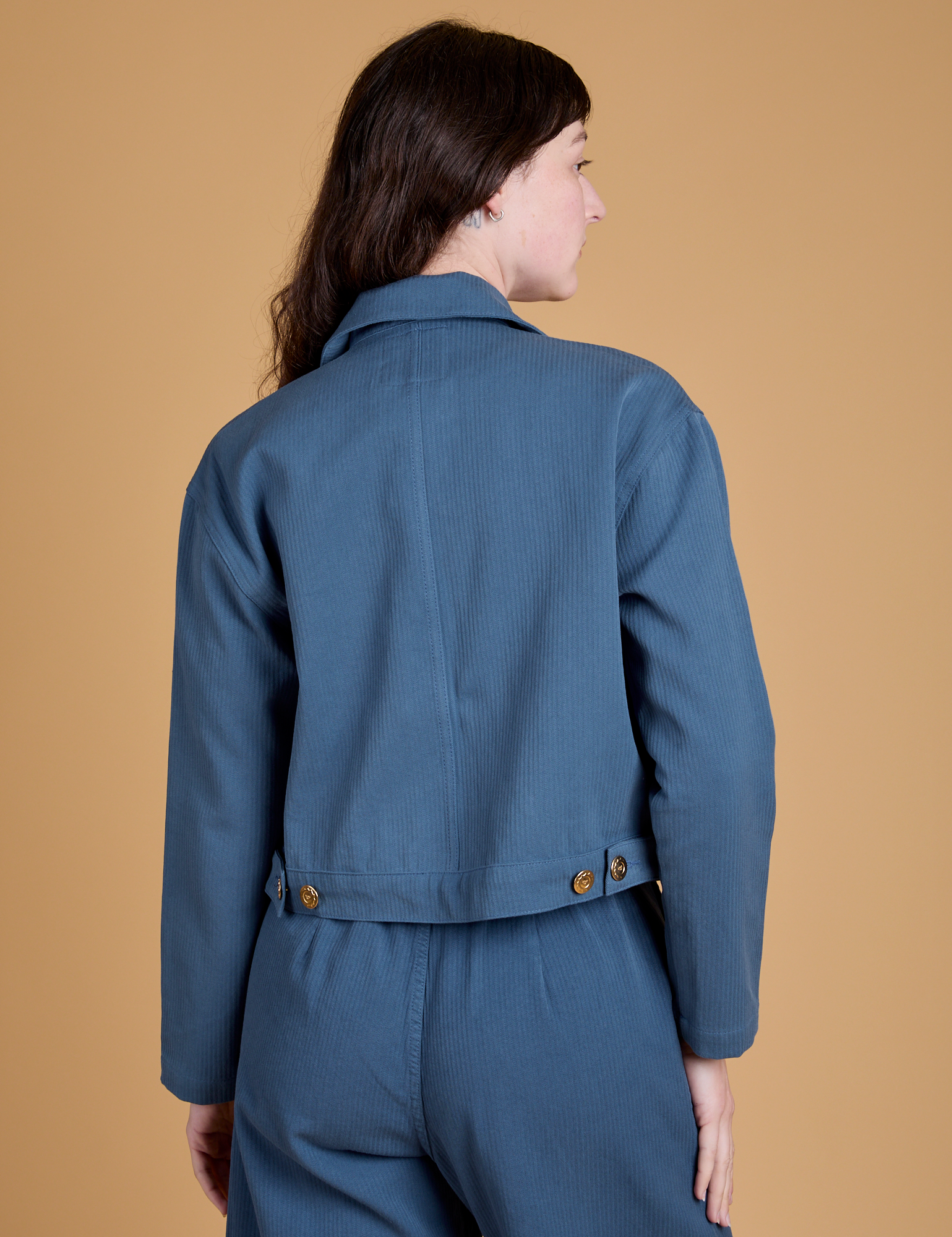 Heritage Mechanic Jacket in French Blue back view on Alex