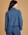 Heritage Mechanic Jacket in French Blue back view on Alex