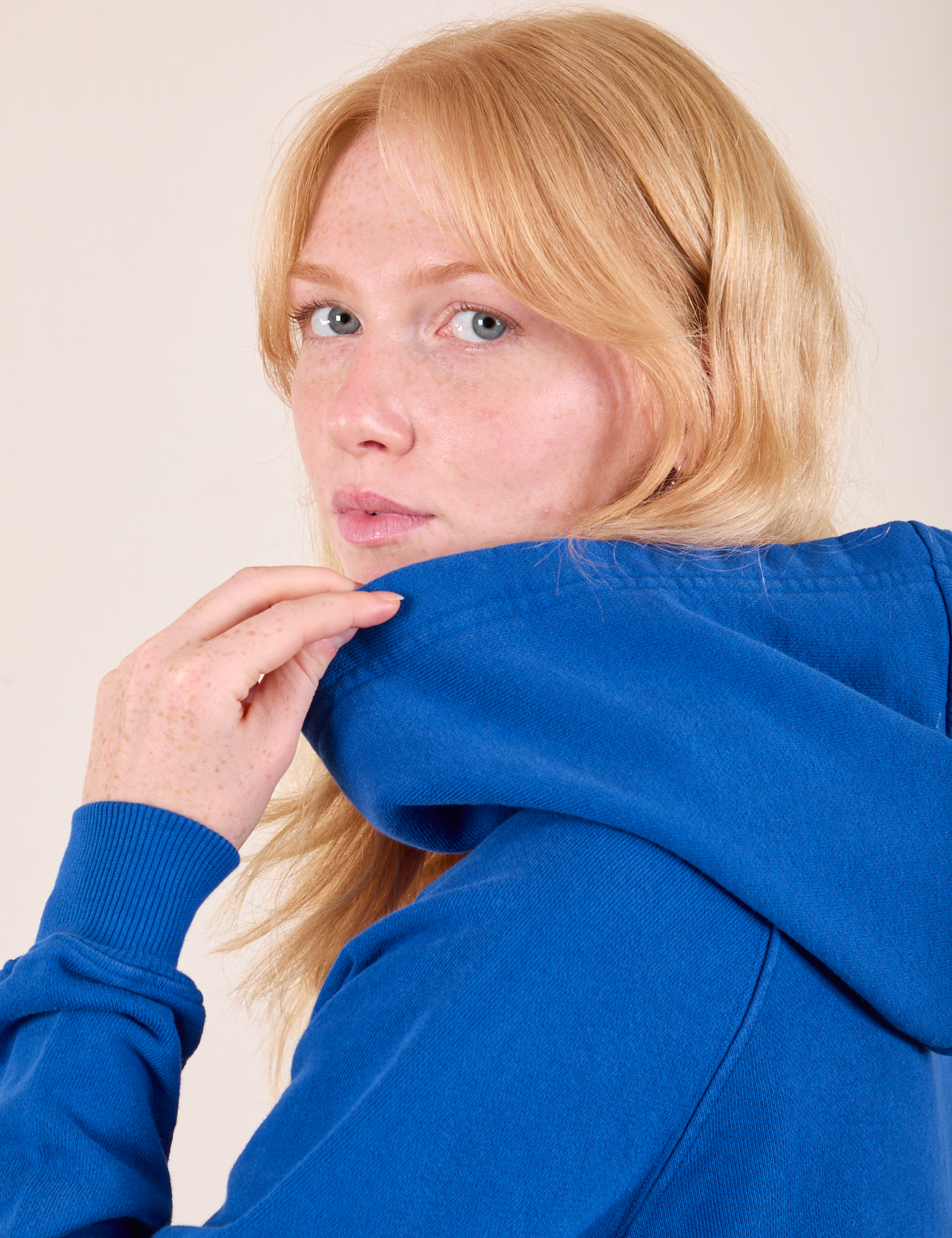 Oversized Hoodie in Royal Blue side close up on Margaret