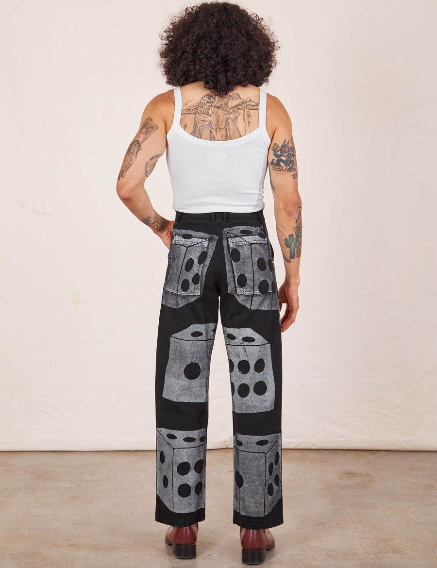 Back view of Icon Work Pants in Dice and vintage off-white Cropped Cami worn by Jesse