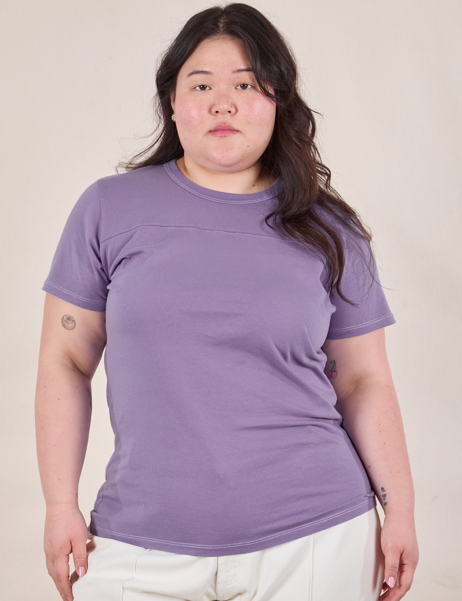 Jr. Varsity Tee in Faded Grape worn by Ashley