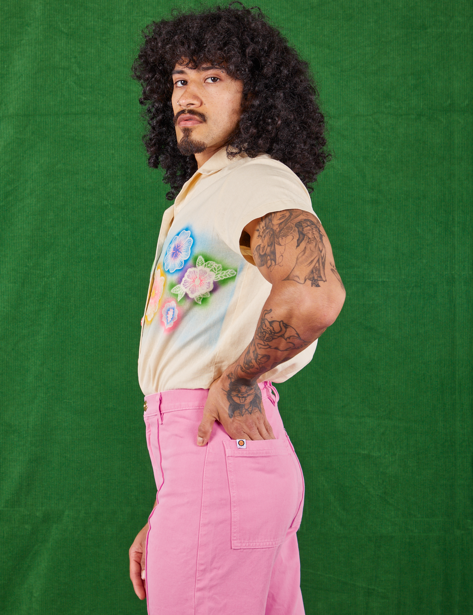 Side view of Pantry Button-Up in Lace Airbrush and bubblegum pink Western Pants on Jesse