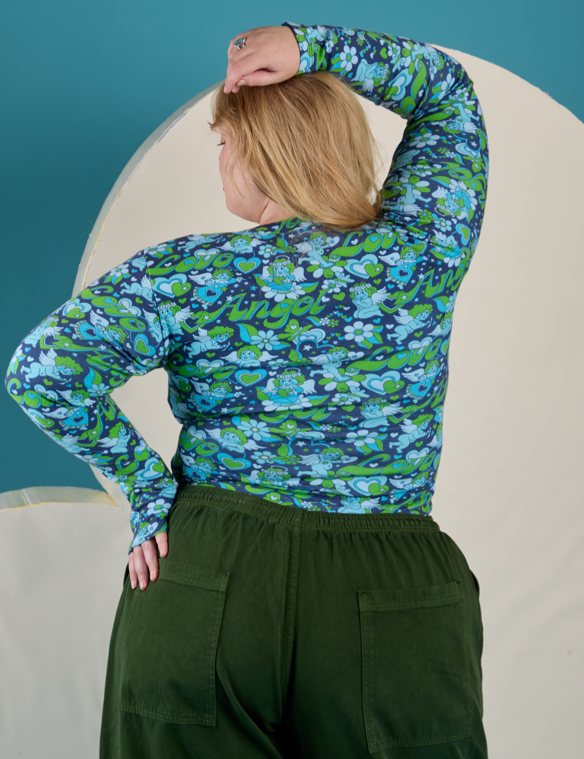 Back view of Long Sleeve Baby Tee in Angel Print on Juliet