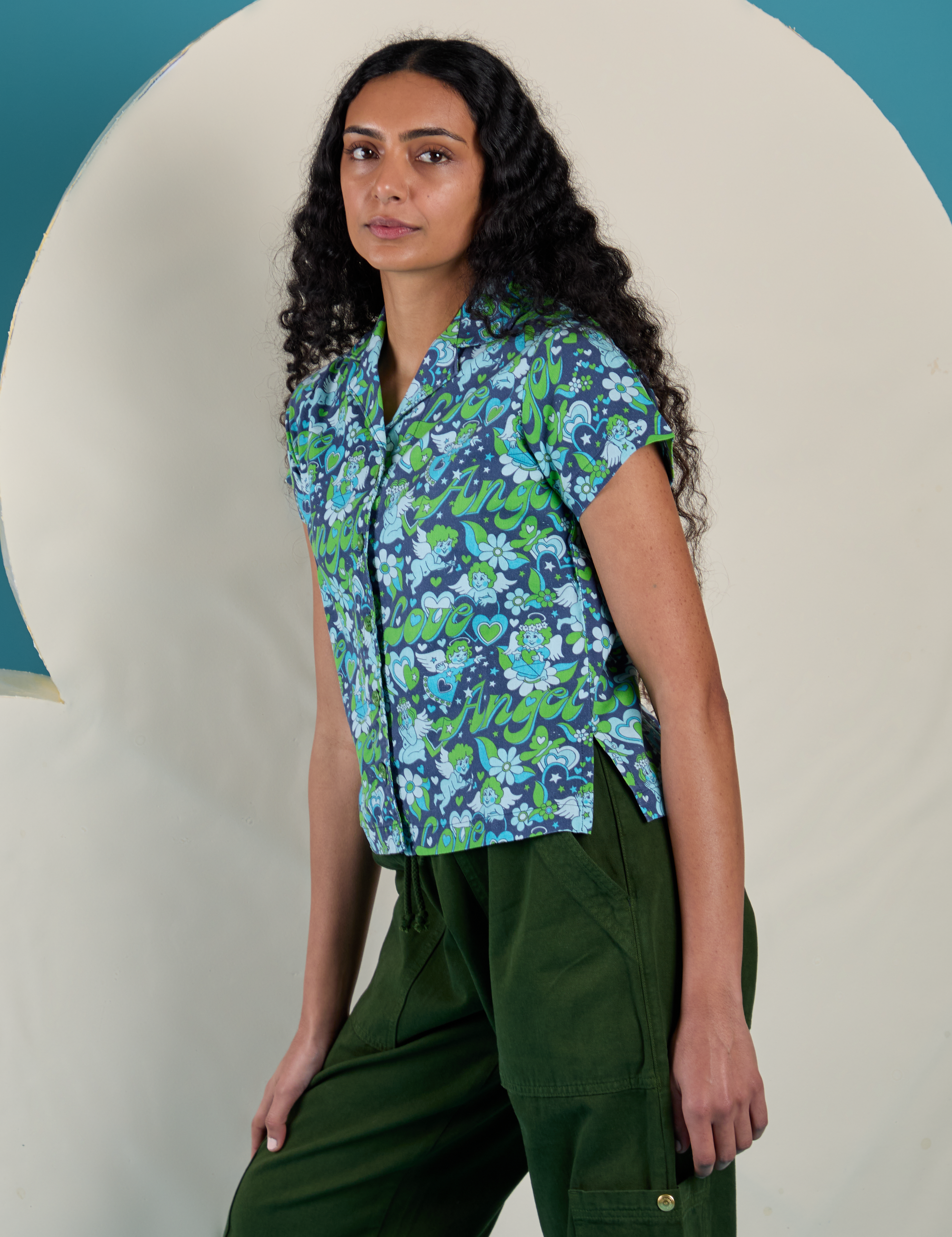 Angled front view of Angel Print Pantry Button-Up on Shahana