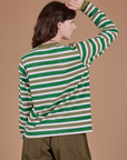 Long Sleeve Striped Burly Tee in Green back view on Alex
