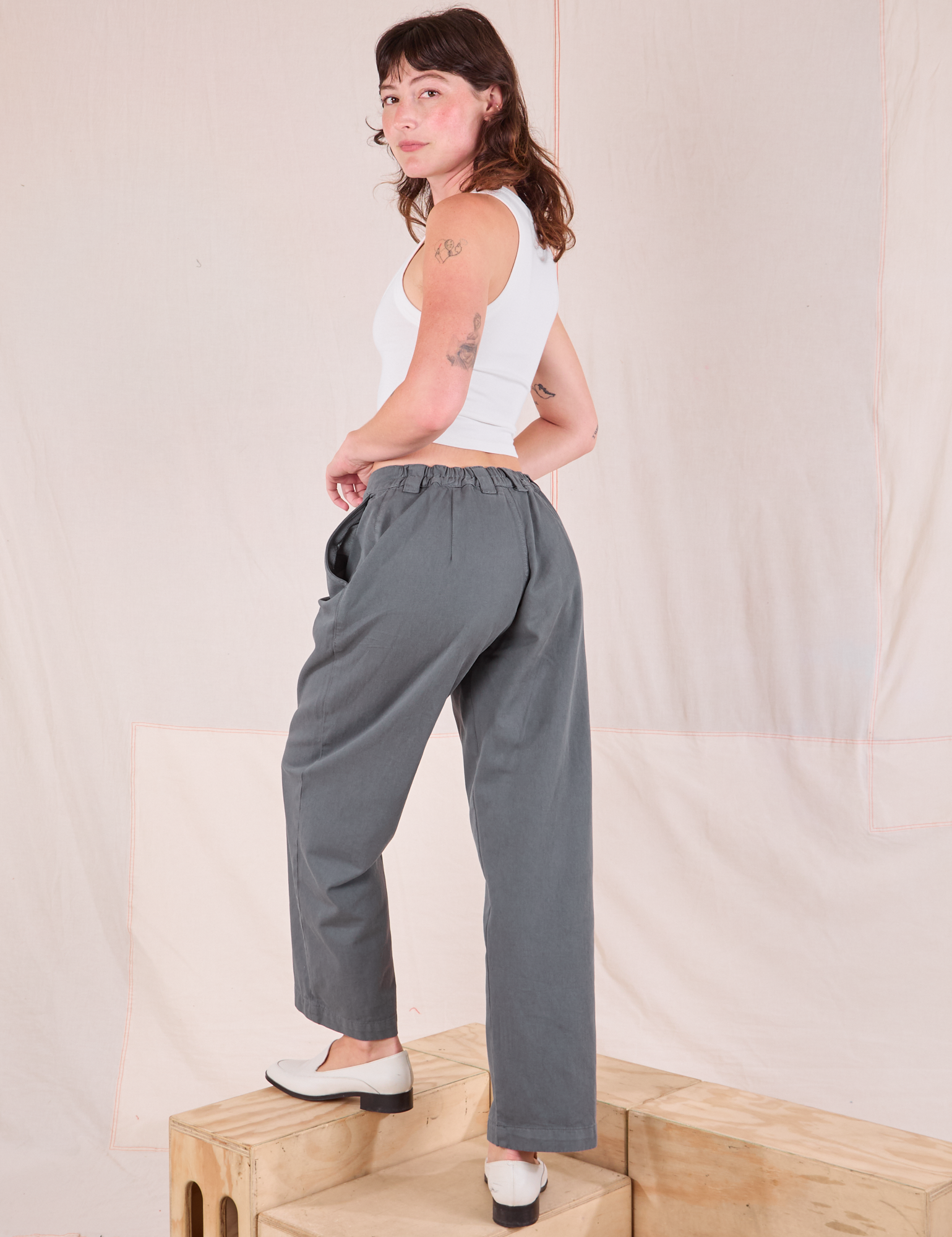 Mid-Rise Pleated Trousers in Slate Grey angled back view on Alex