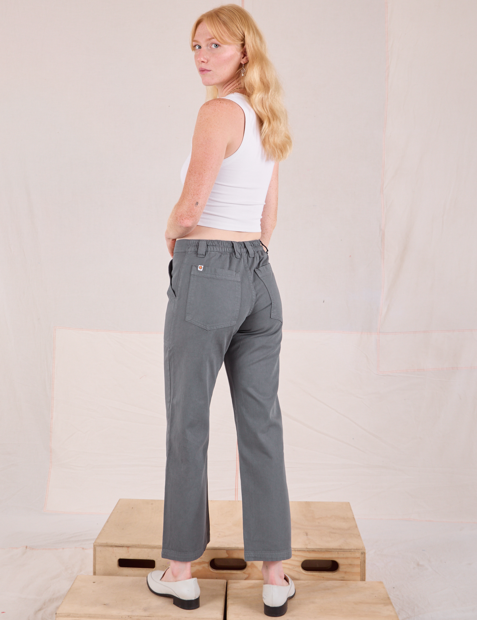 Mid-Rise Work Pants in Slate Grey back view on Margaret