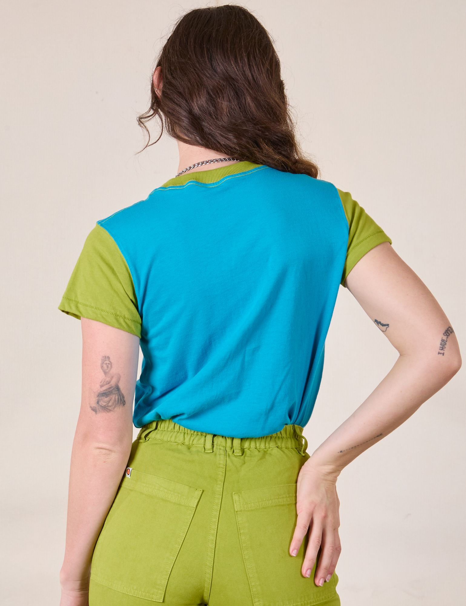 Mismatched Tee in Blue &amp; Green back view on Alex
