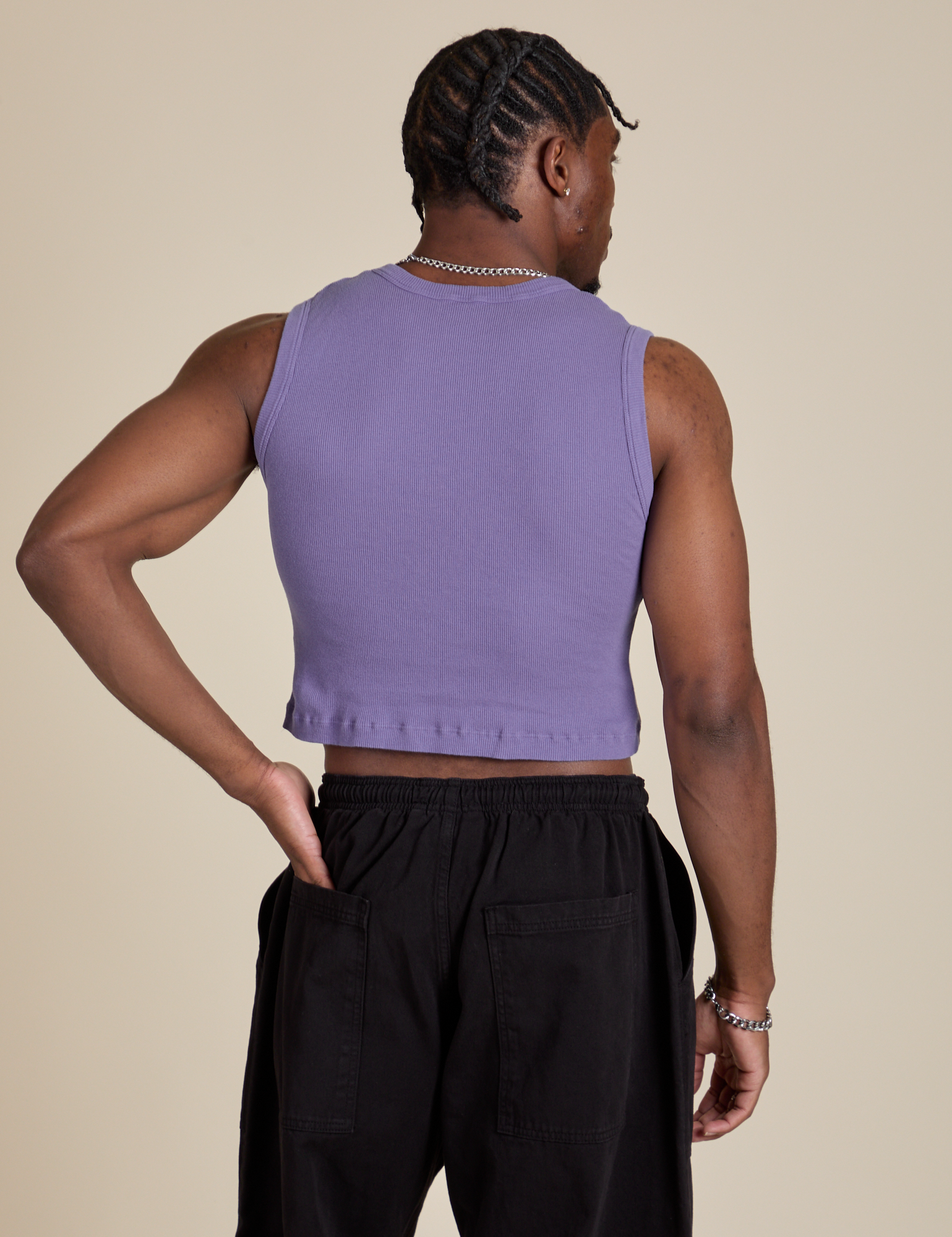 Muscle Tee in Faded Grape back view on Isaac