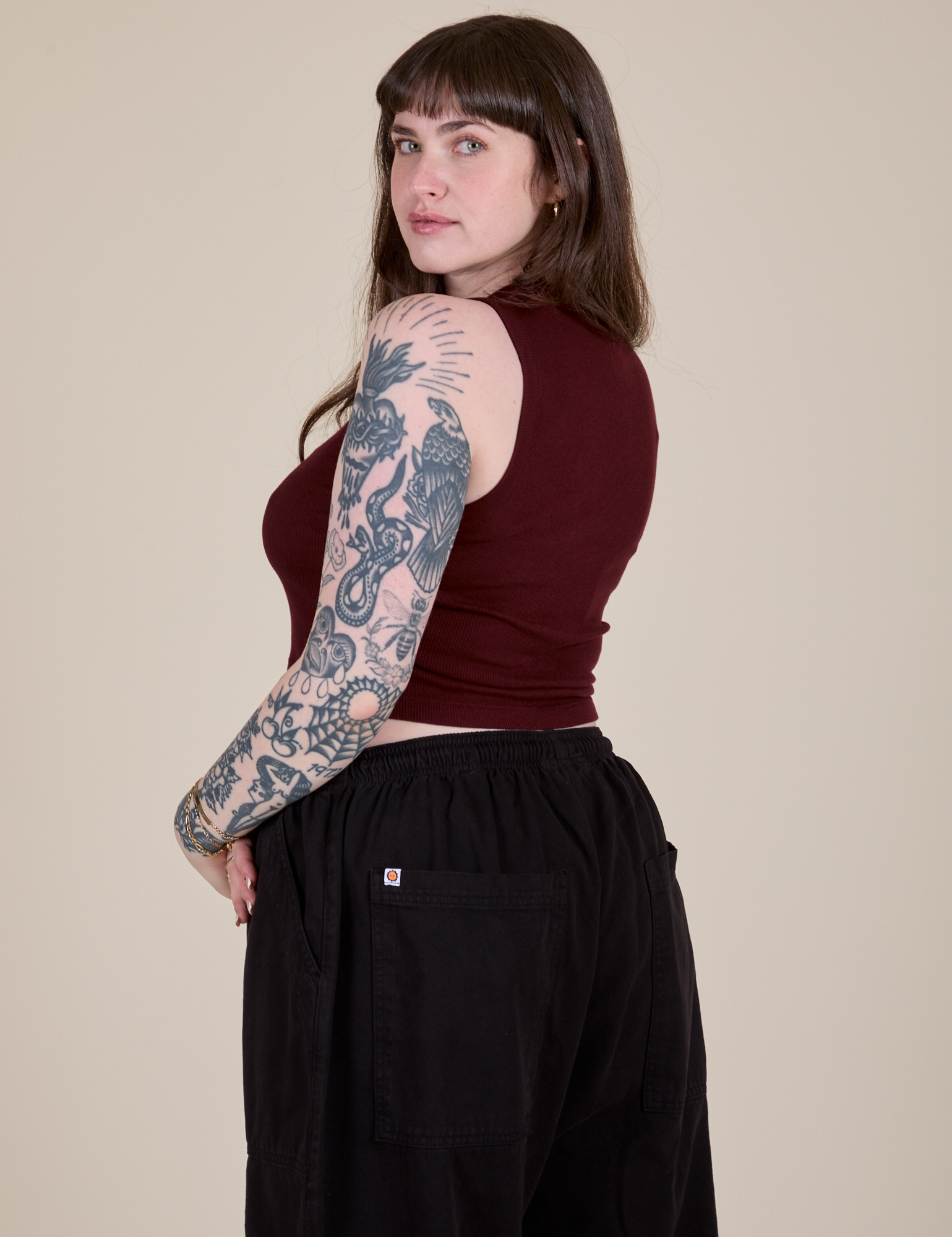 Muscle Tee in Red Wine angled back view on Sydney