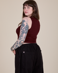 Muscle Tee in Red Wine angled back view on Sydney