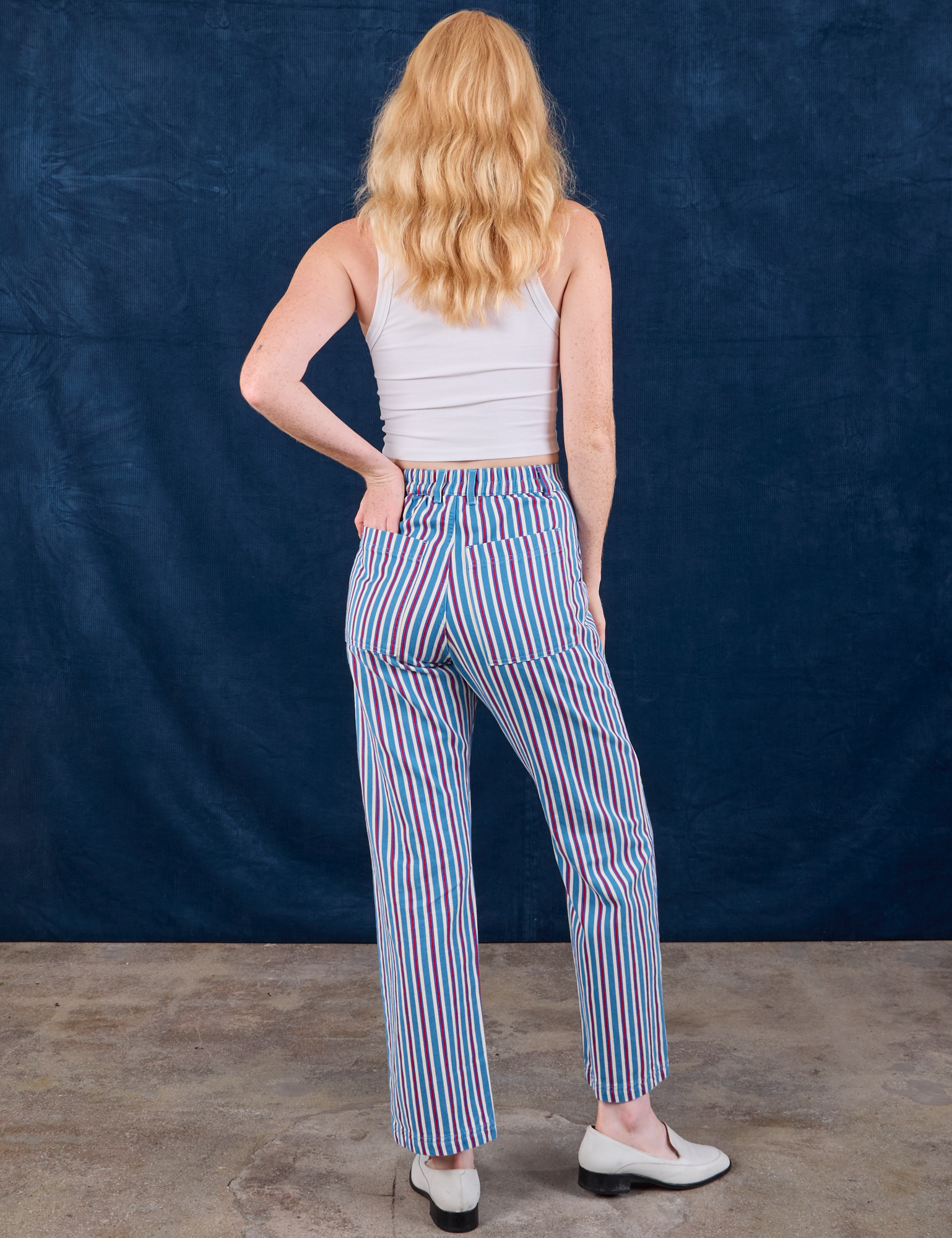 Back view of Stripe Work Pants in Blue Raspberry and Cropped Tank in vintage tee off-white on Margaret