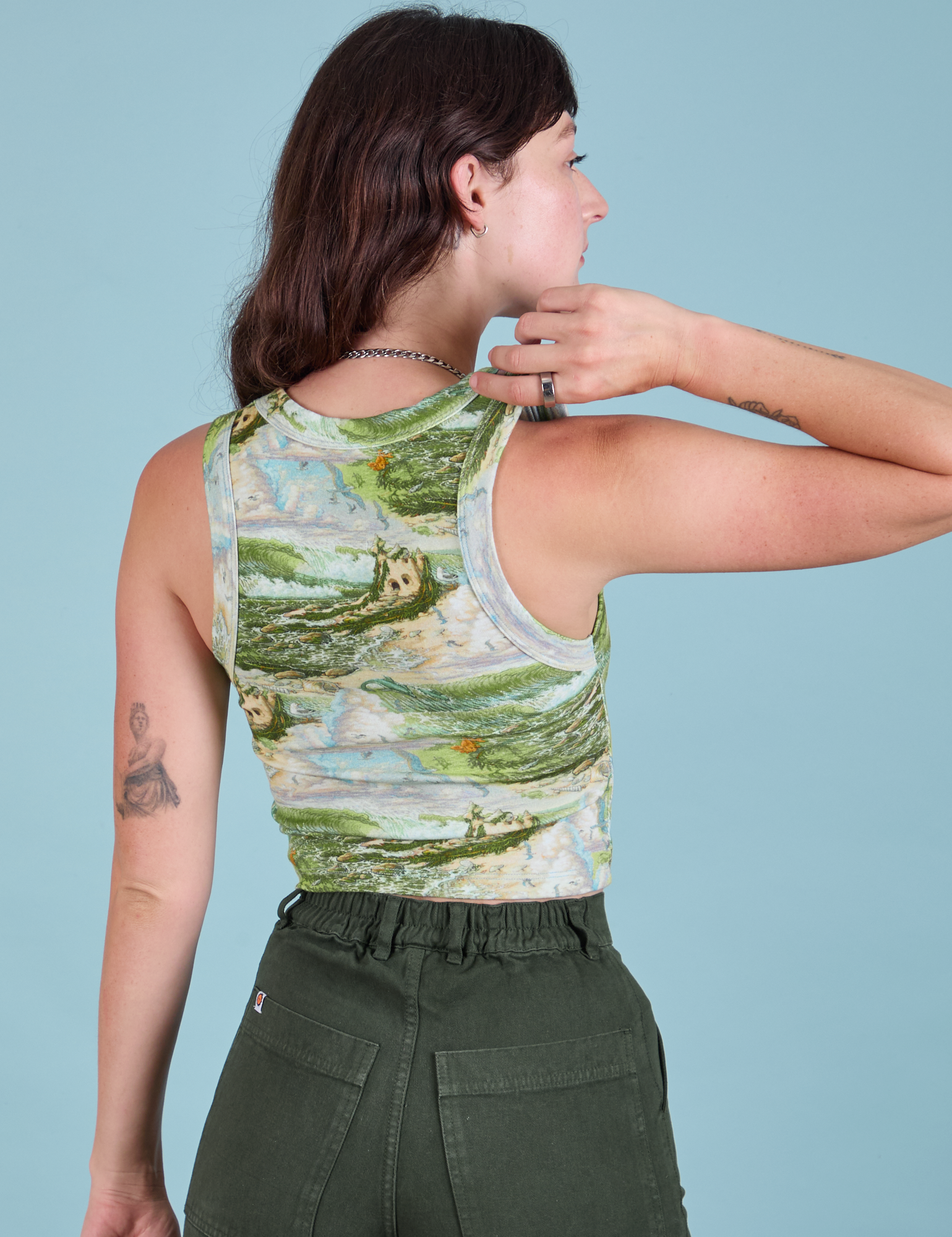 Cropped Tank Top in Ocean and Sky back view on Alex