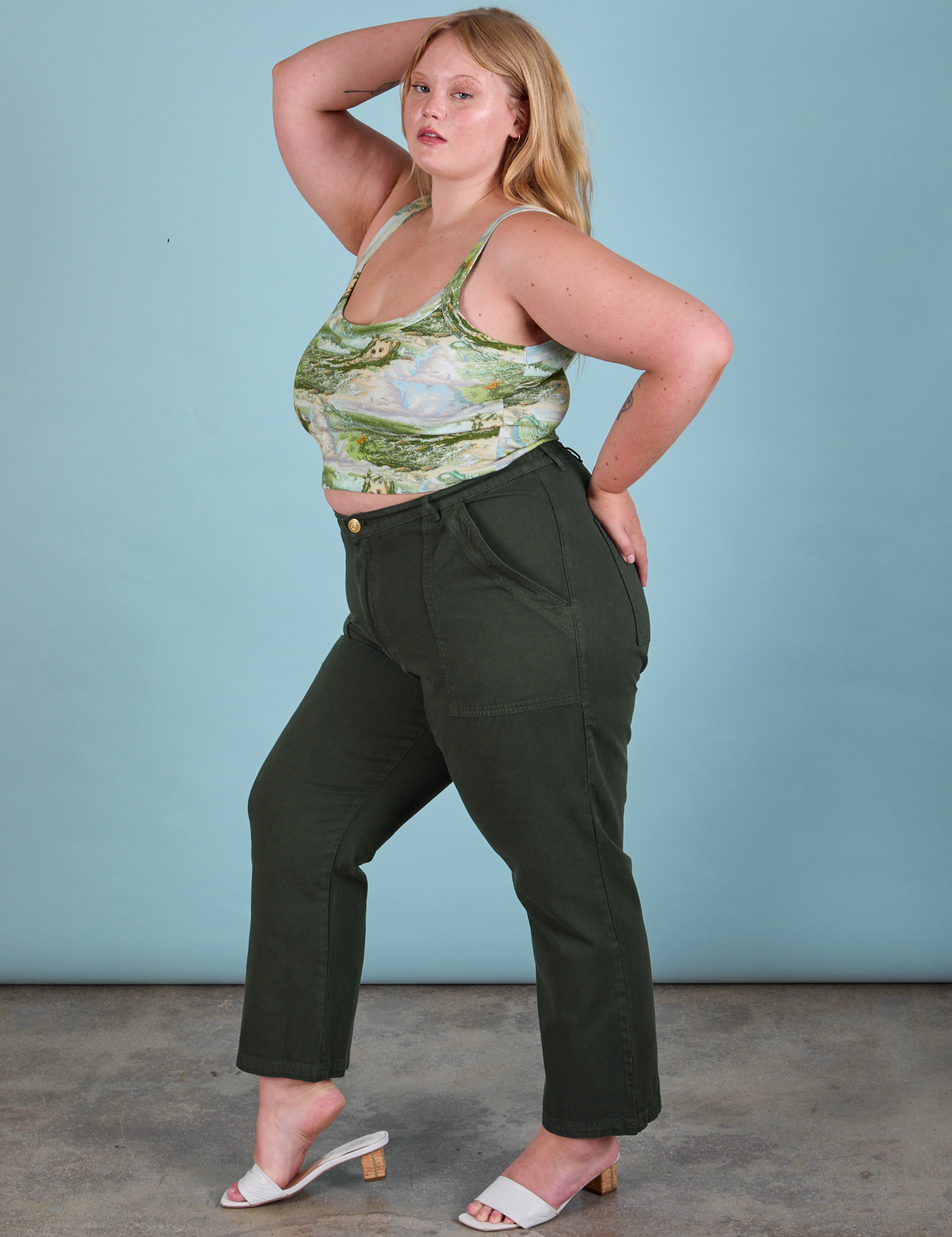 Ocean and Sky in Cami and swamp green Work Pants side view on Juliet