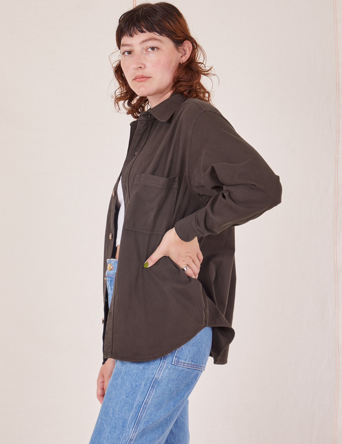 Side view of Oversize Overshirt in Espresso Brown worn by Alex