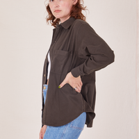 Side view of Oversize Overshirt in Espresso Brown worn by Alex
