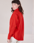 Twill Overshirt in Mustang Red side view on Alex