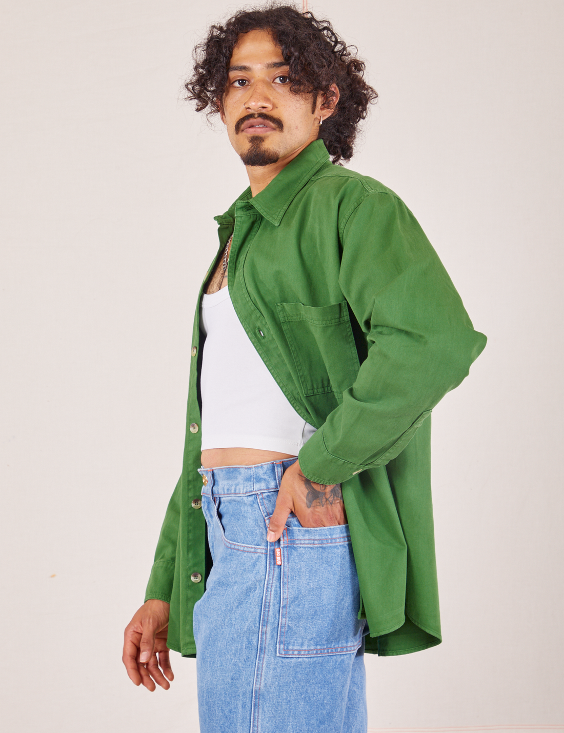 Side view of Oversize Overshirt in Lawn Green worn by Jesse