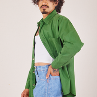 Side view of Oversize Overshirt in Lawn Green worn by Jesse