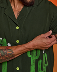 Close up of Paintstamped Pantry Button-Up in Cactus on Jesse