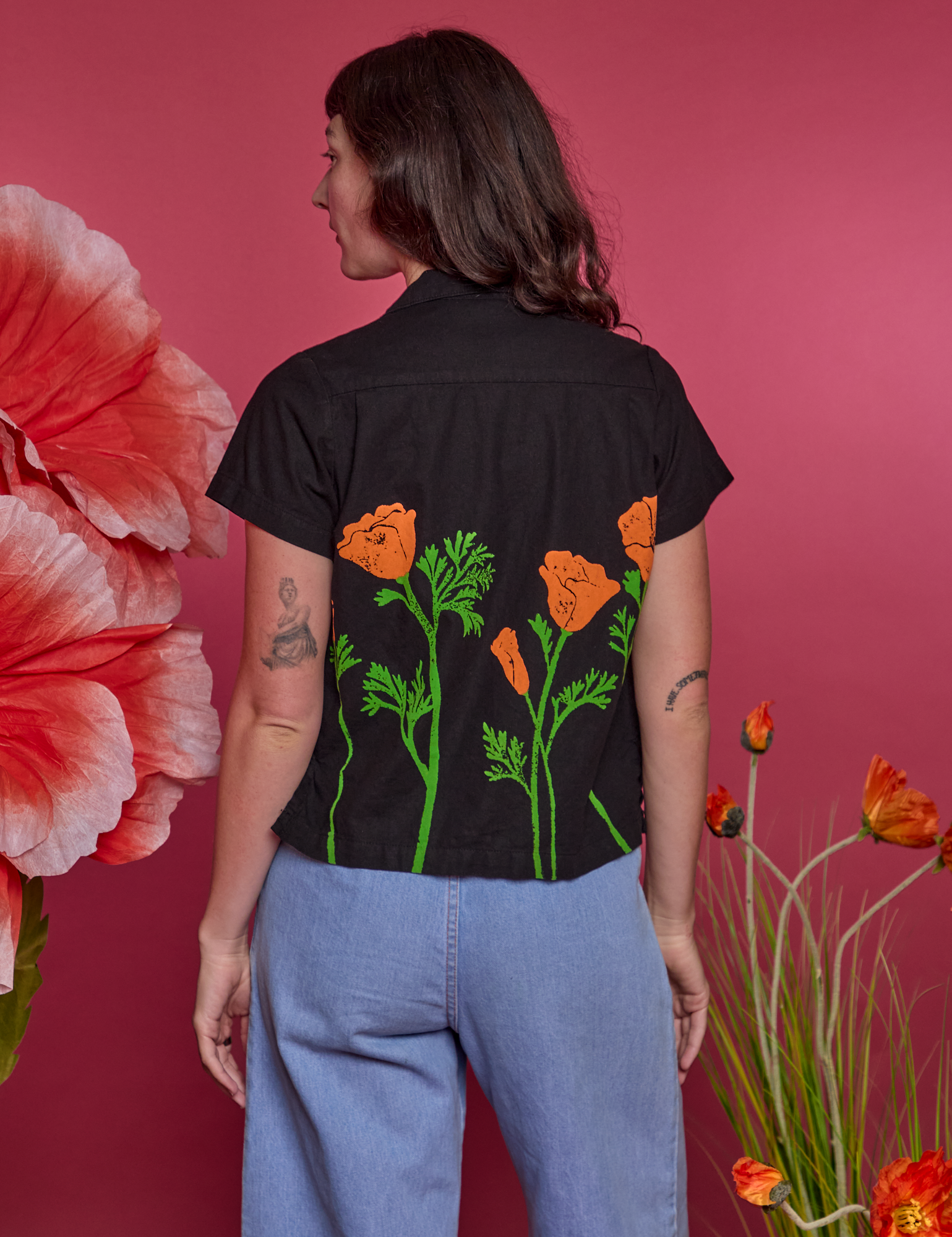 Paintstamped Pantry Button-Up in Poppy back view on Alex