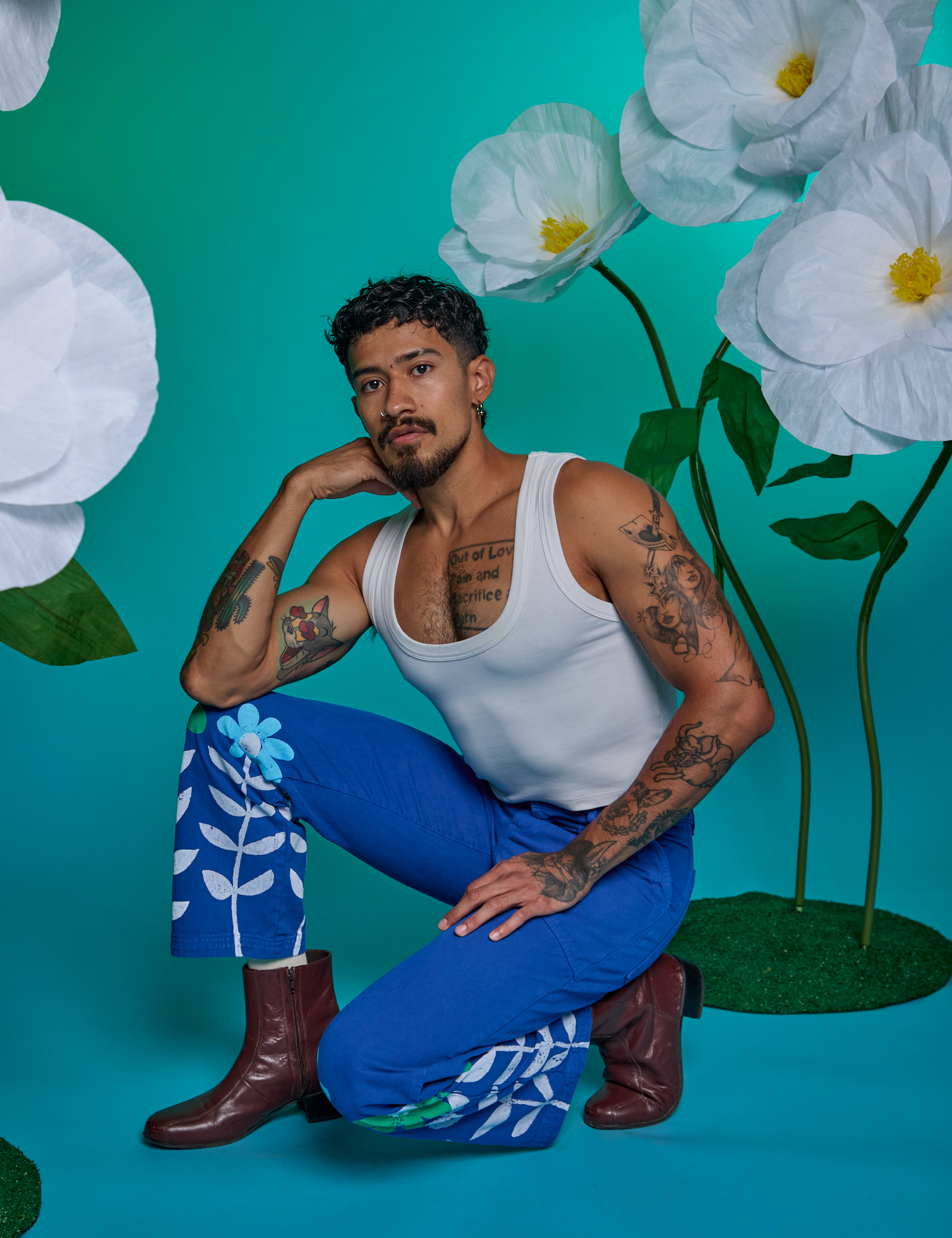 Paintstamped Work Pants in Daisy and Cropped Tank in Vintage Tee White on Jesse
