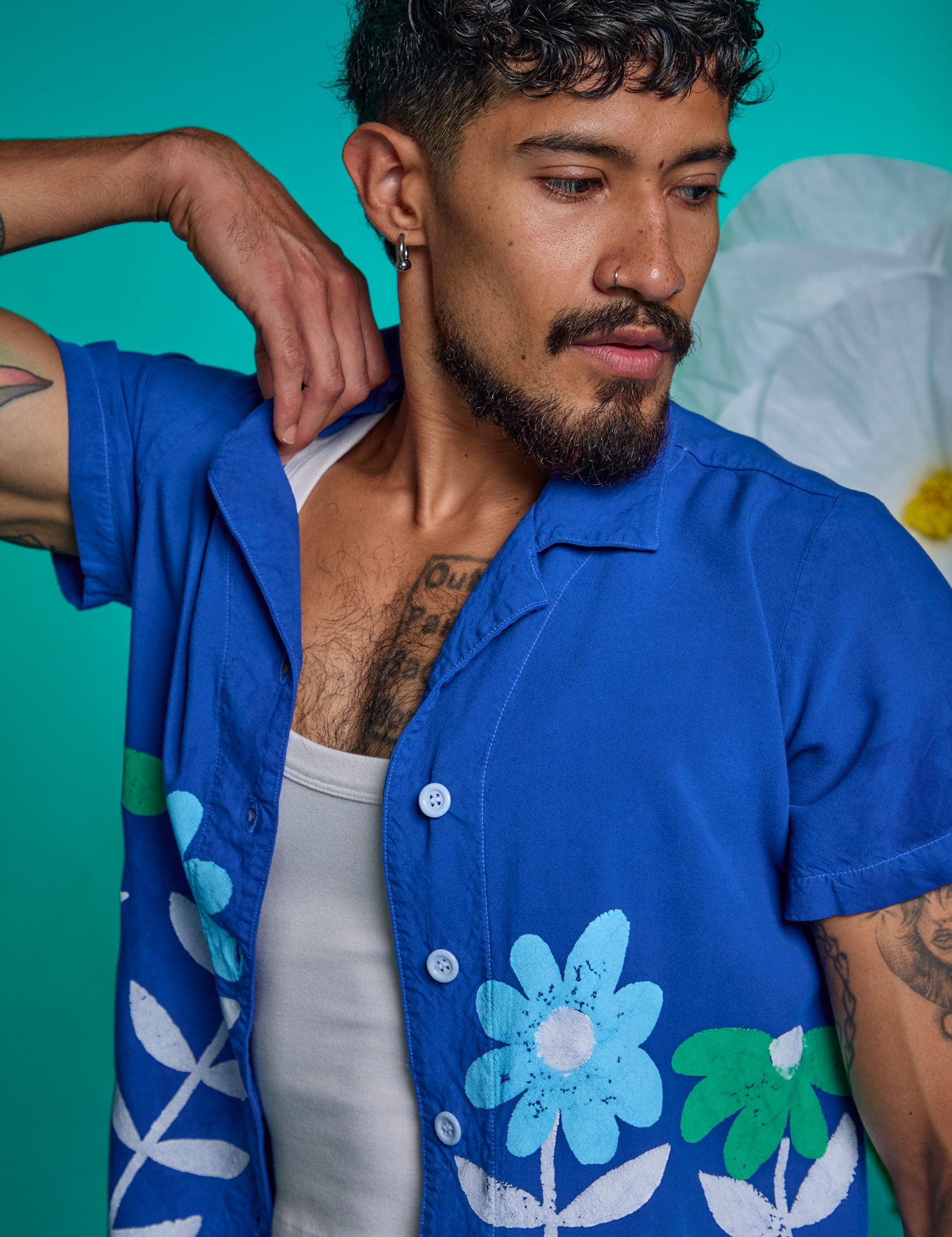 Front close up of Paintstamped Pantry Button-Up in Daisy on Jesse