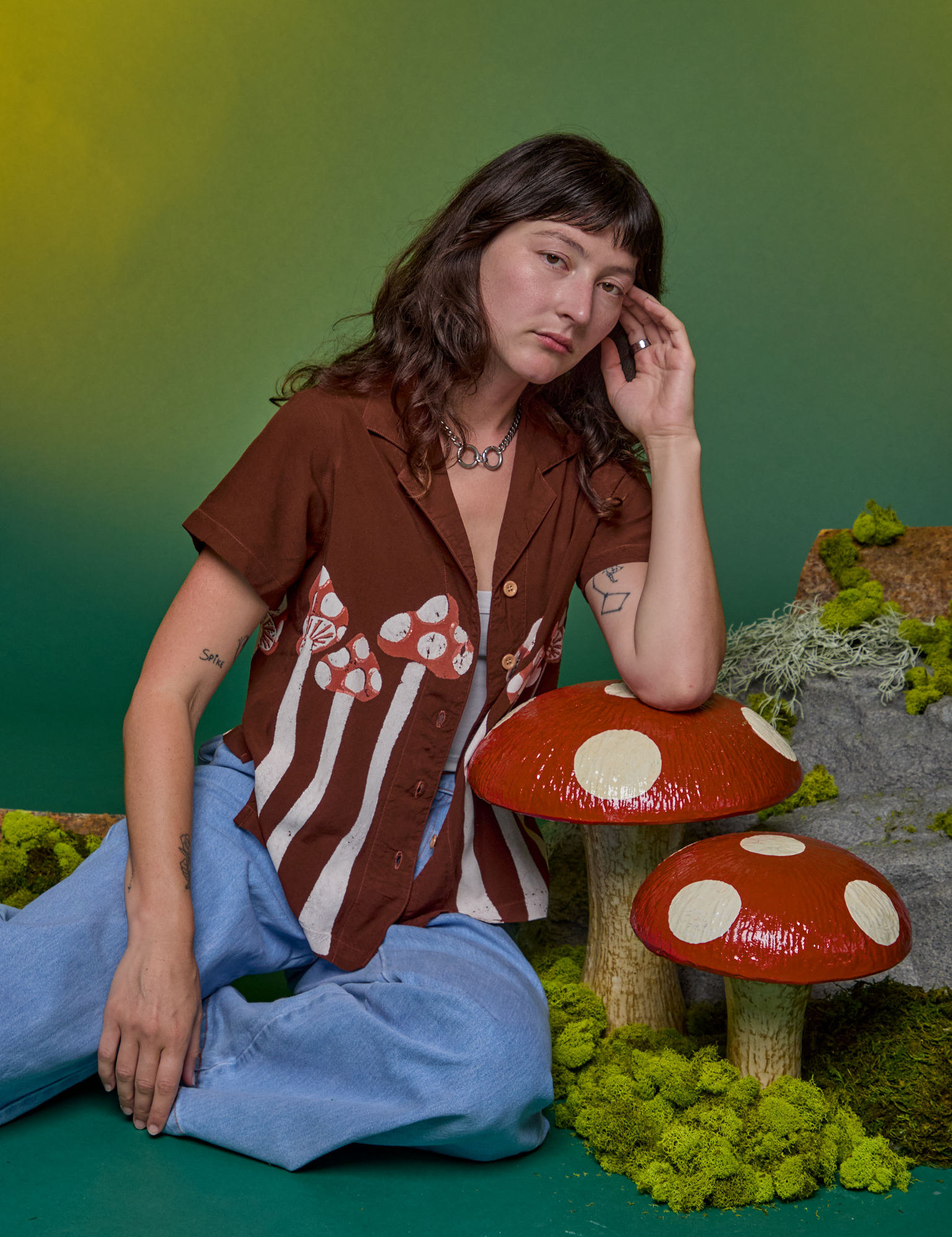 Paintstamped Pantry Button-Up in Mushroom worn by Alex