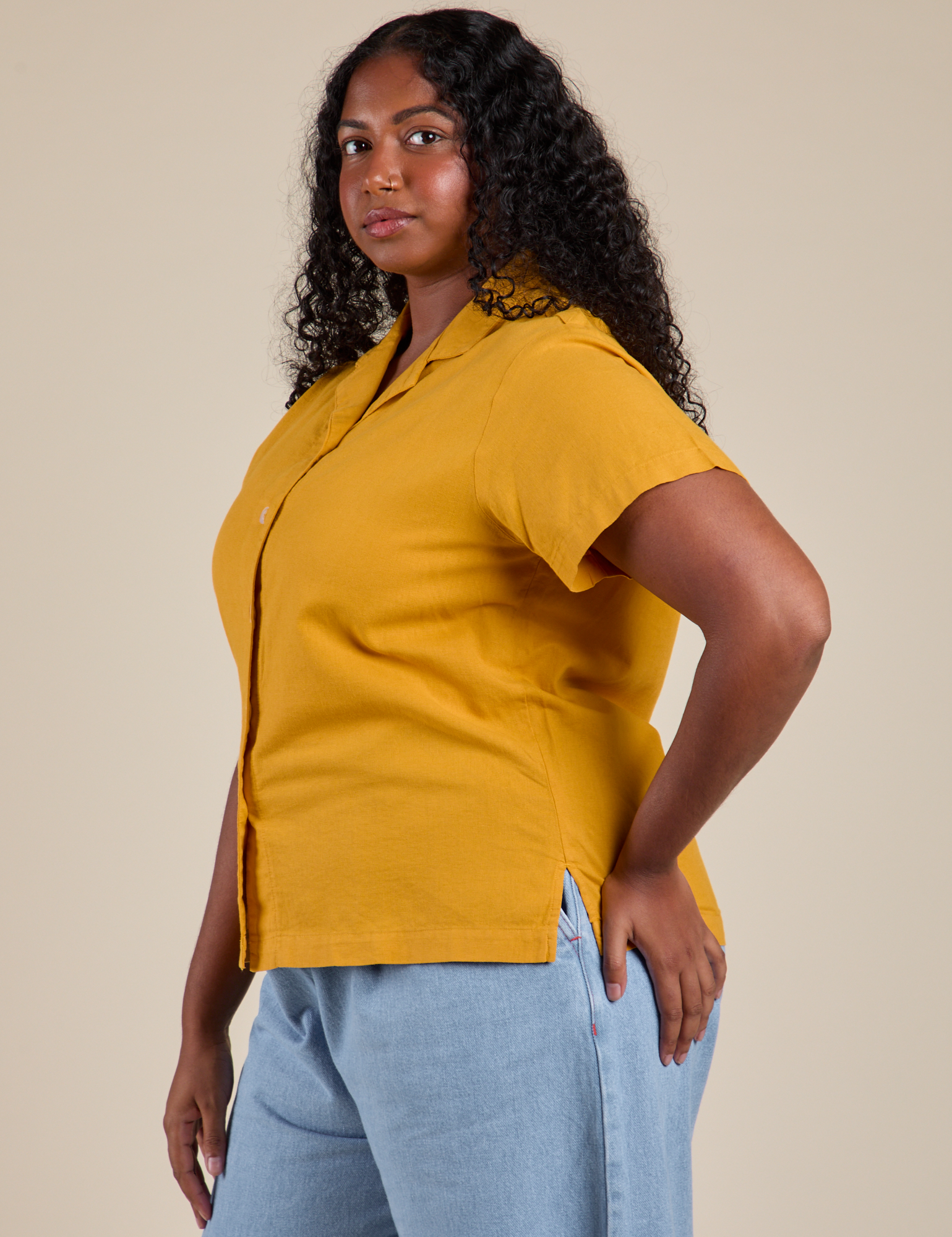 Pantry Button-Up in Mustard Yellow side view on Meghna