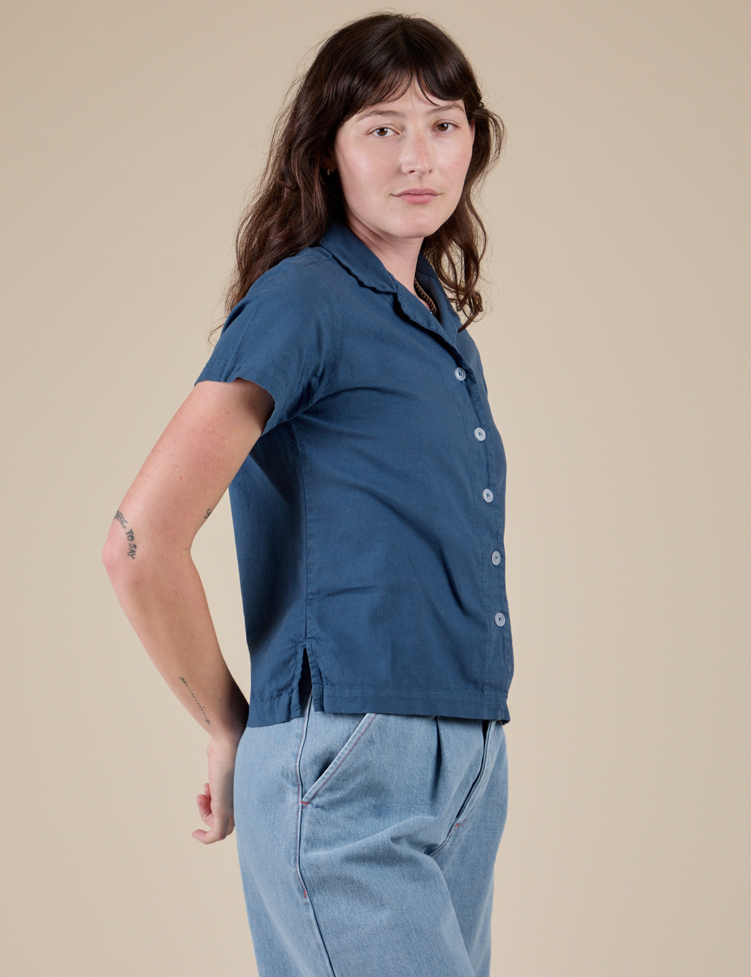 Side view of Pantry Button-Up in French Blue on Alex