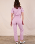 Short Sleeve Jumpsuit in Lilac back view on Alex