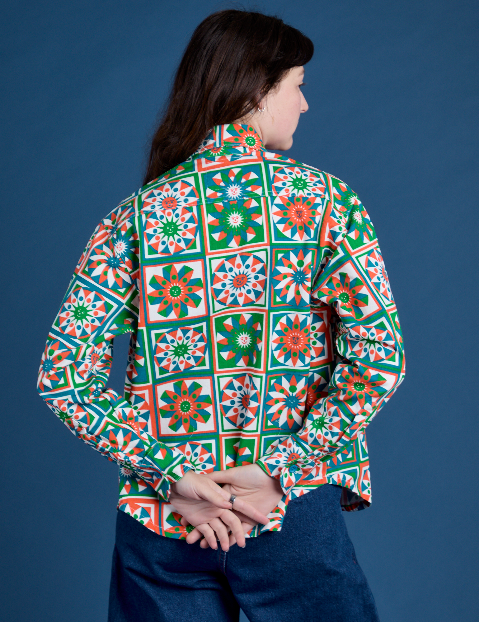 Cropped Overshirt in Quilt Print back view on Alex