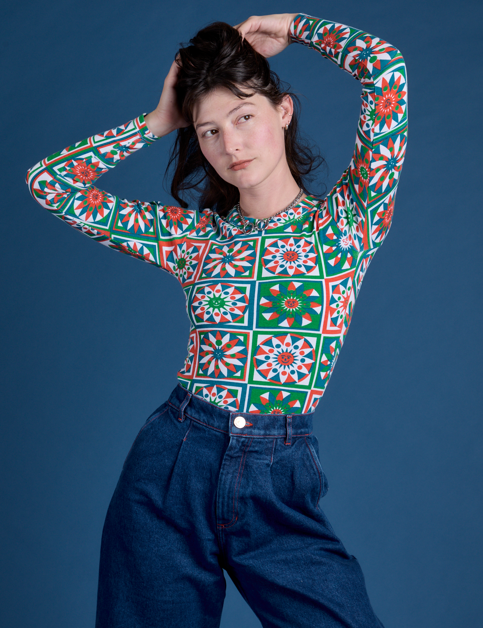 Long Sleeve Baby Tee in Quilt Print on Alex