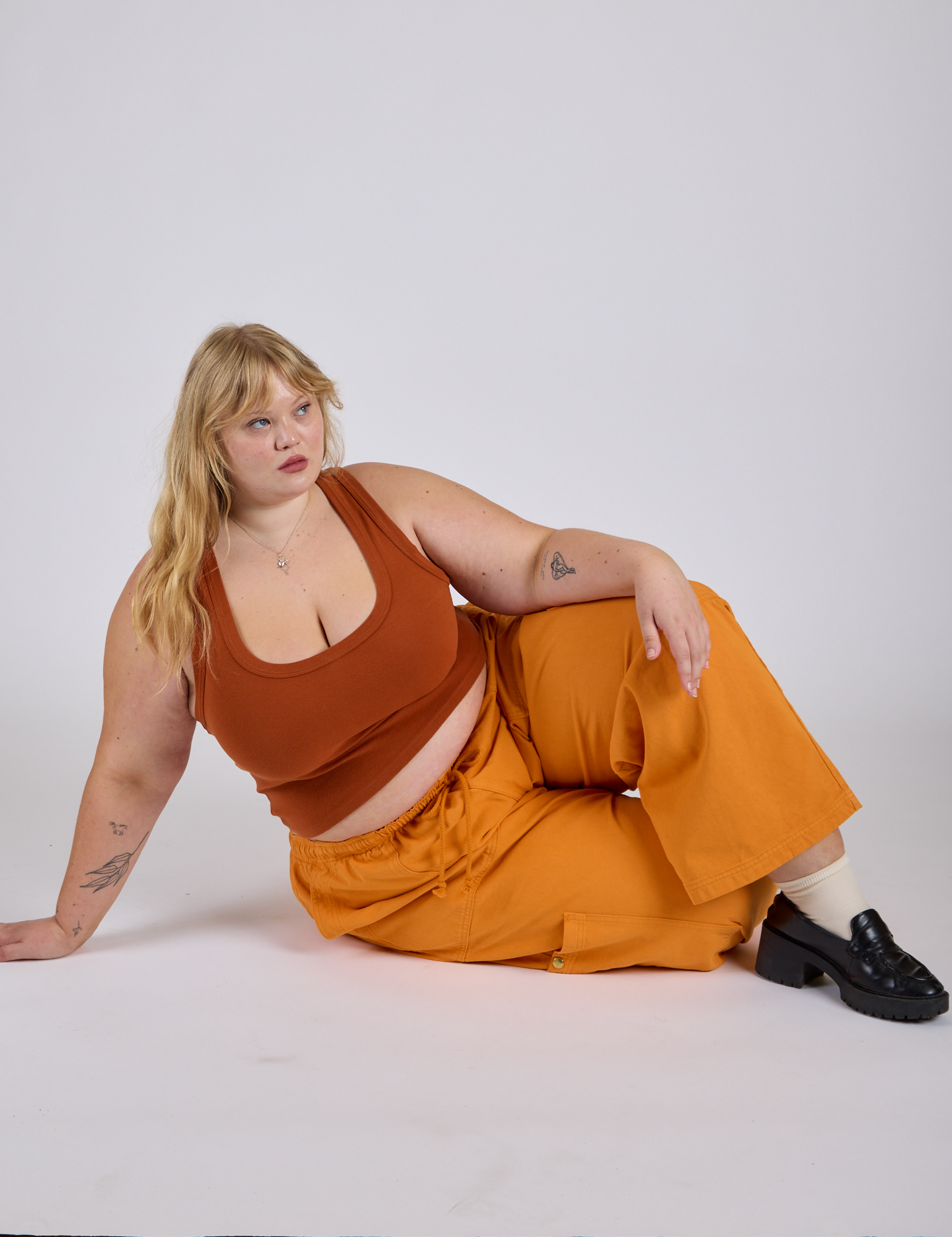 Drop Pocket Cargo Pants in Creamsicle Orange and burnt terracotta Cropped Tank on Juliet