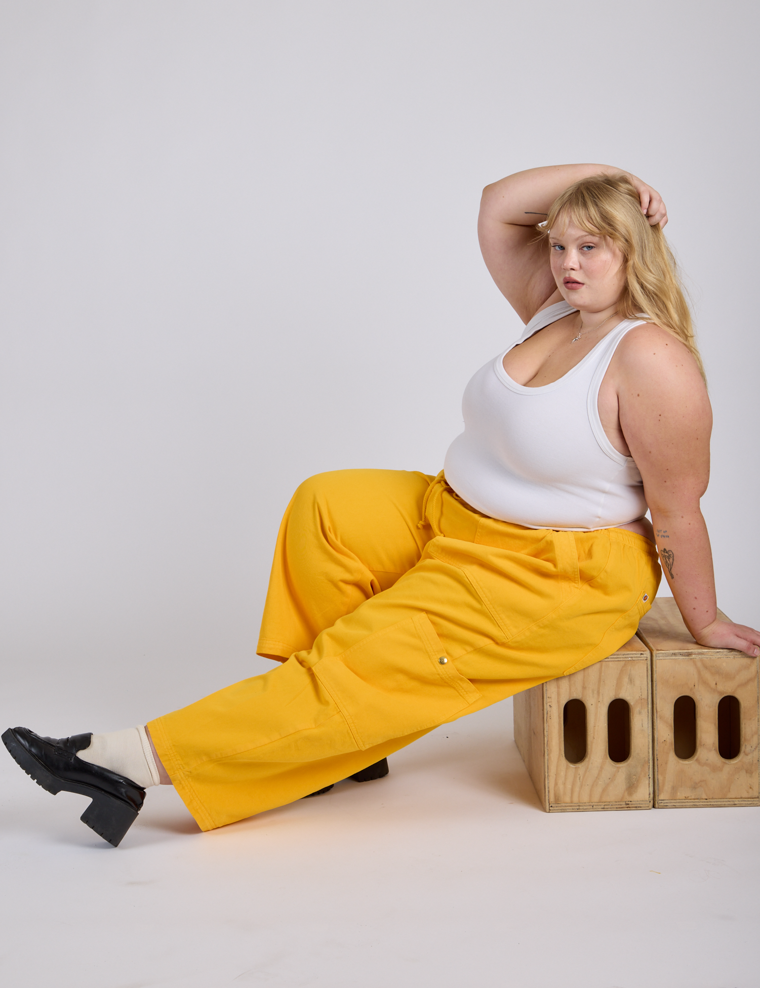 Drop Pocket Cargo Pants in Sunshine Yellow and Cropped Tank in Vintage Tee White on Juliet