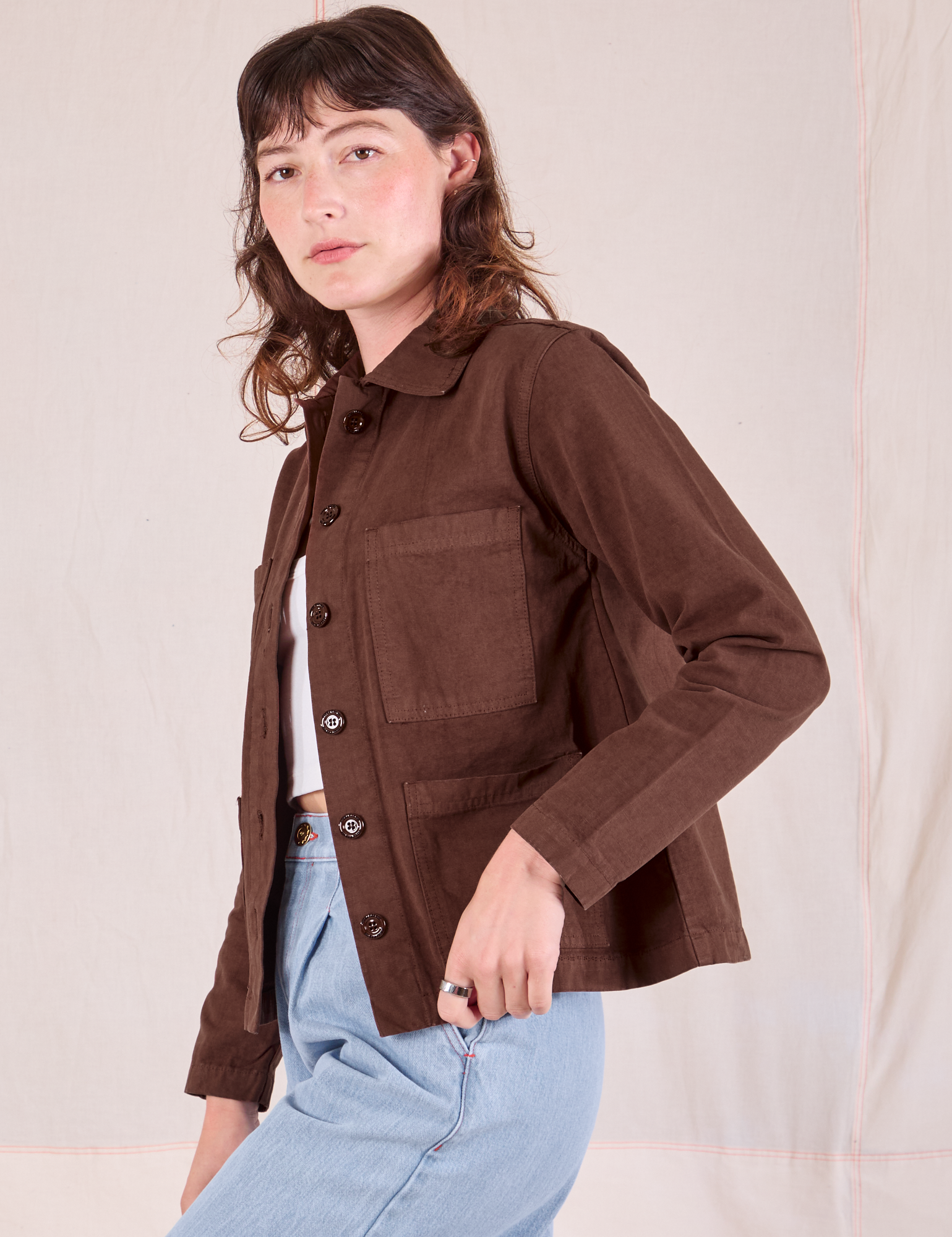 Ripstop Work Jacket in Fudgesicle Brown side view on Alex