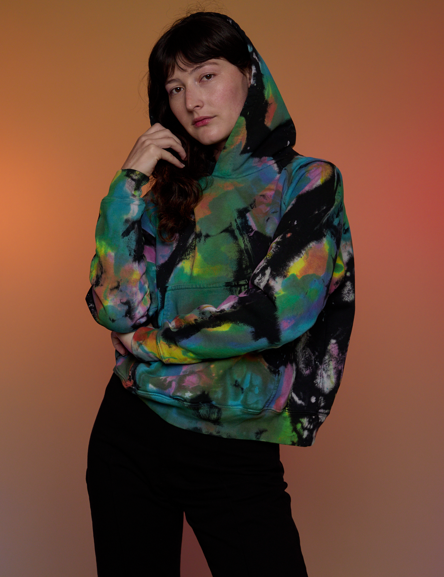 Oversized Hoodie in Rainbow Magic Waters worn by Alex