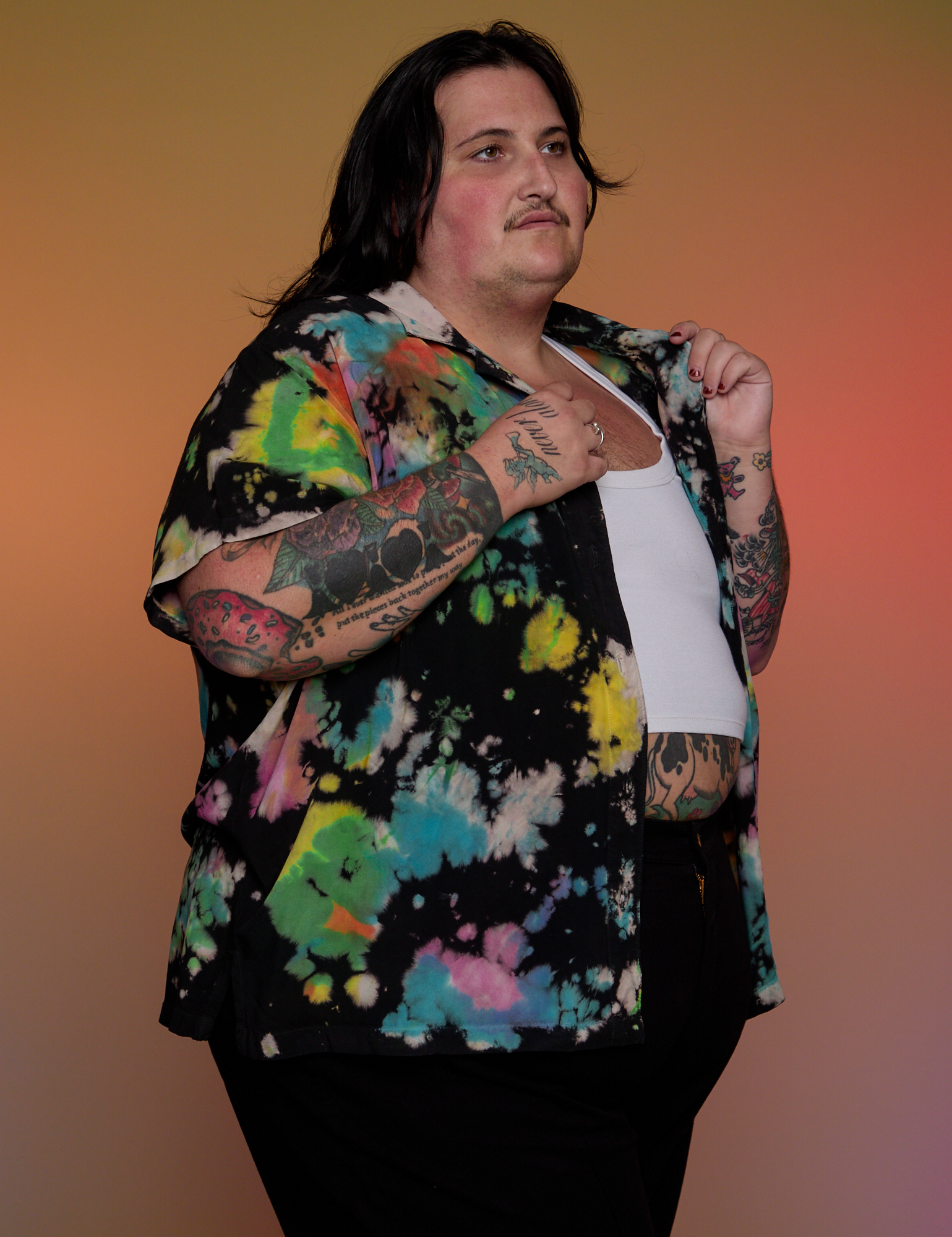 Angled front view of Pantry Button-Up in Rainbow Magic Waters on Sam