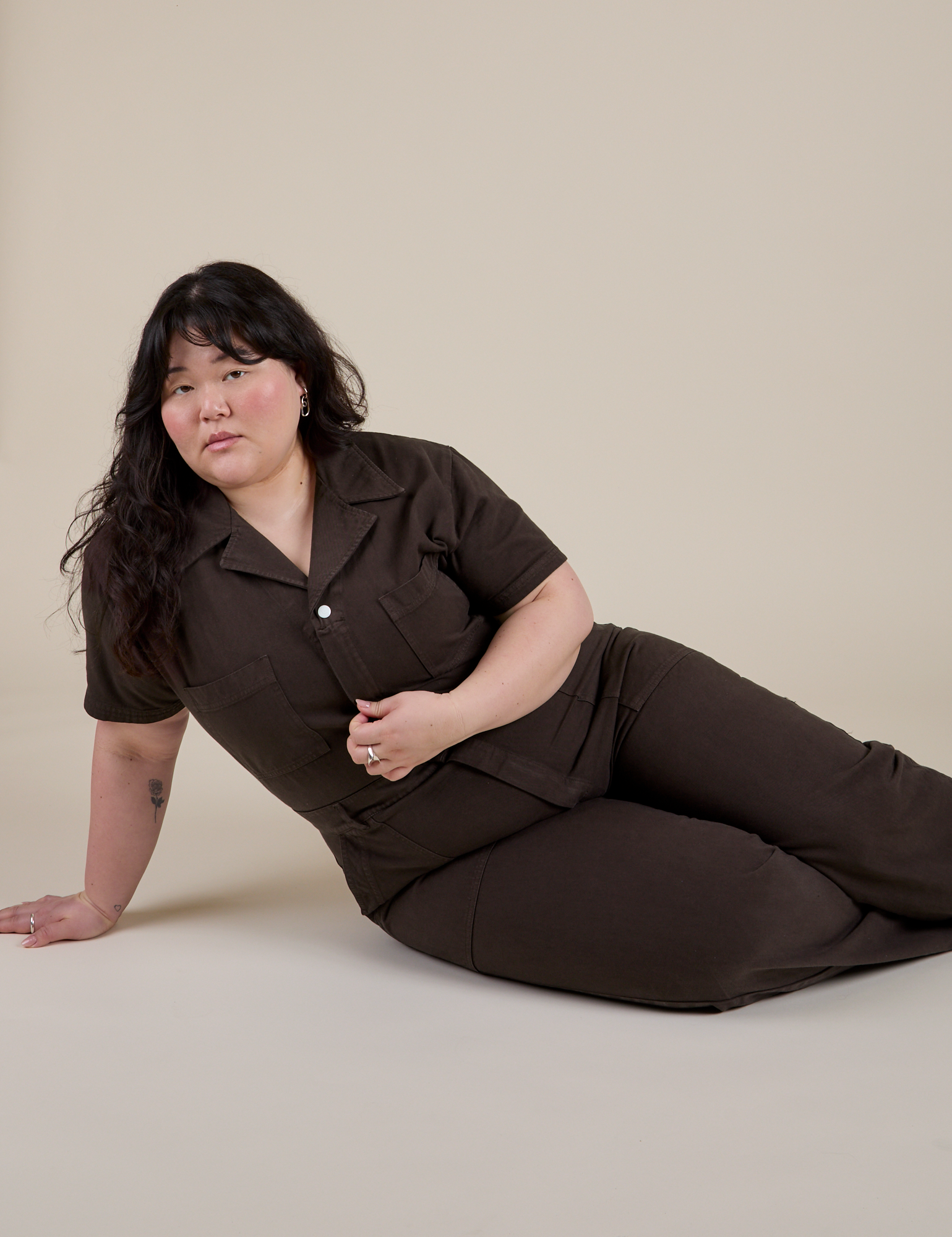 Short Sleeve Jumpsuit in Espresso Brown worn by Ashley