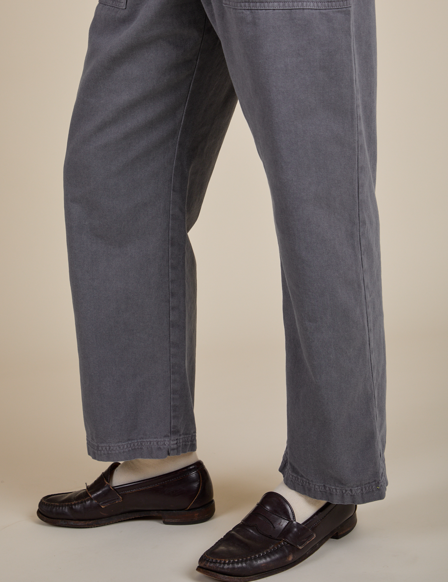 Short Sleeve Jumpsuit in Washed Grey pant leg close up