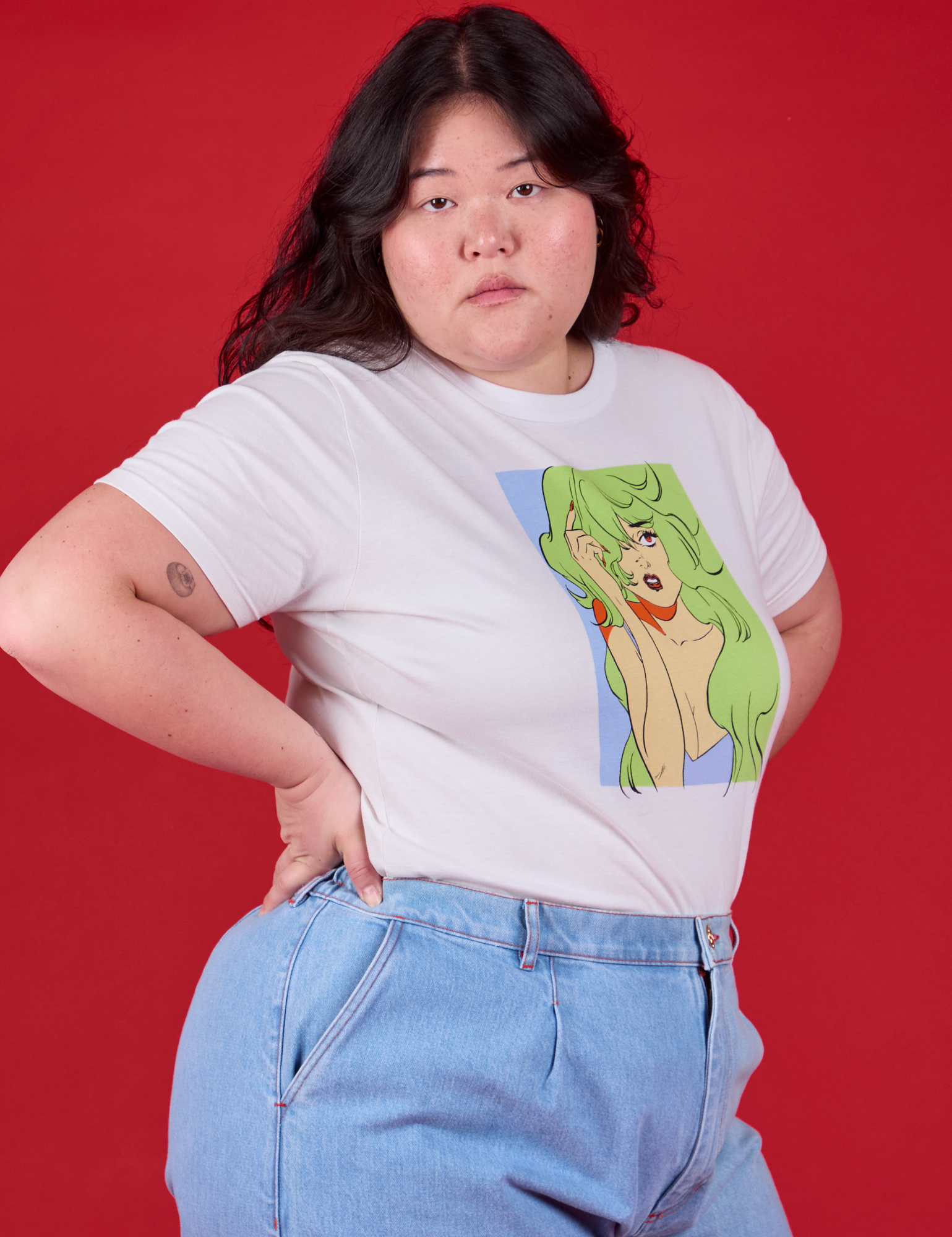 Snotgirl Comic Tee angled front view on Ashley