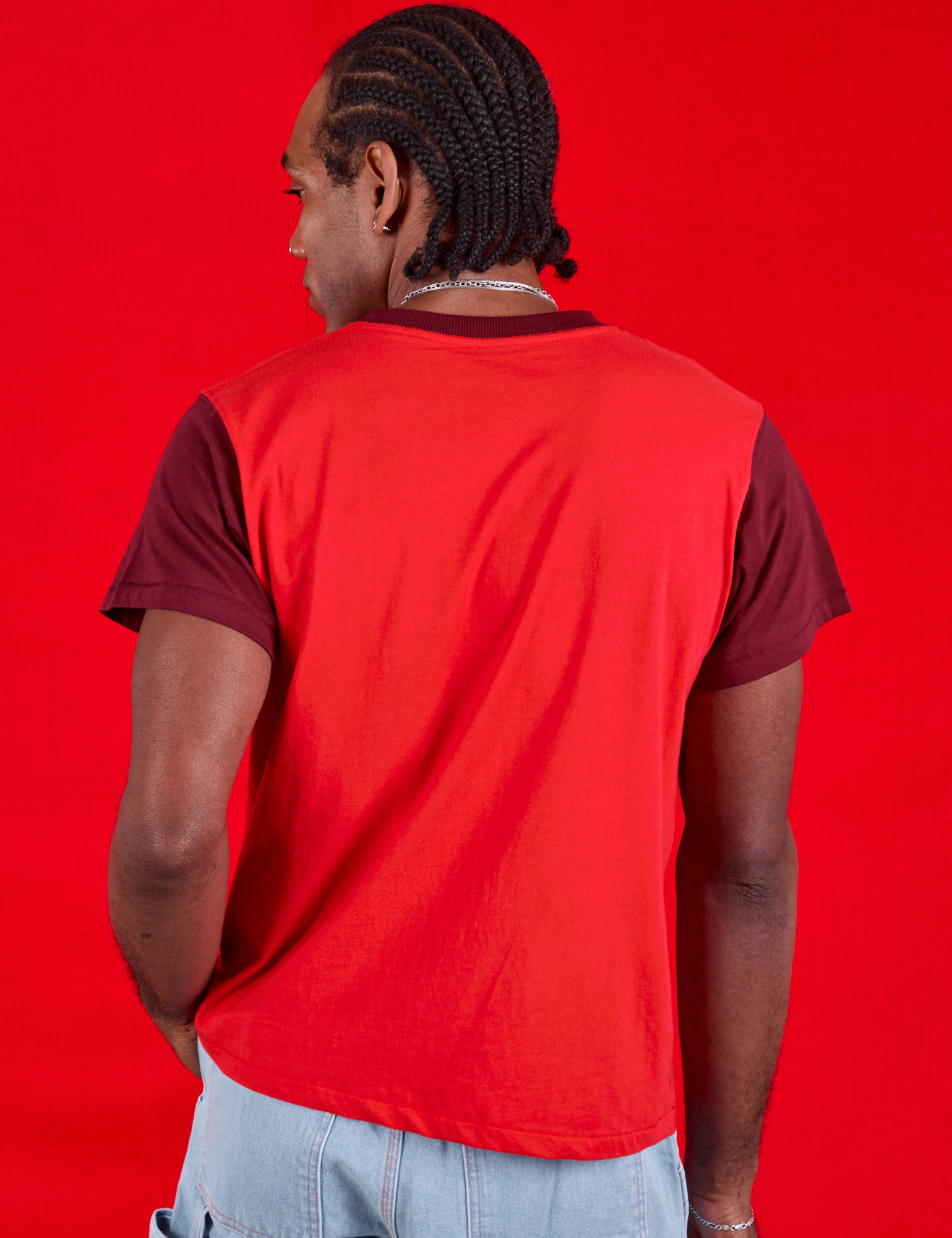 Vintage Tee in Cherry Soda back view on Jerrod