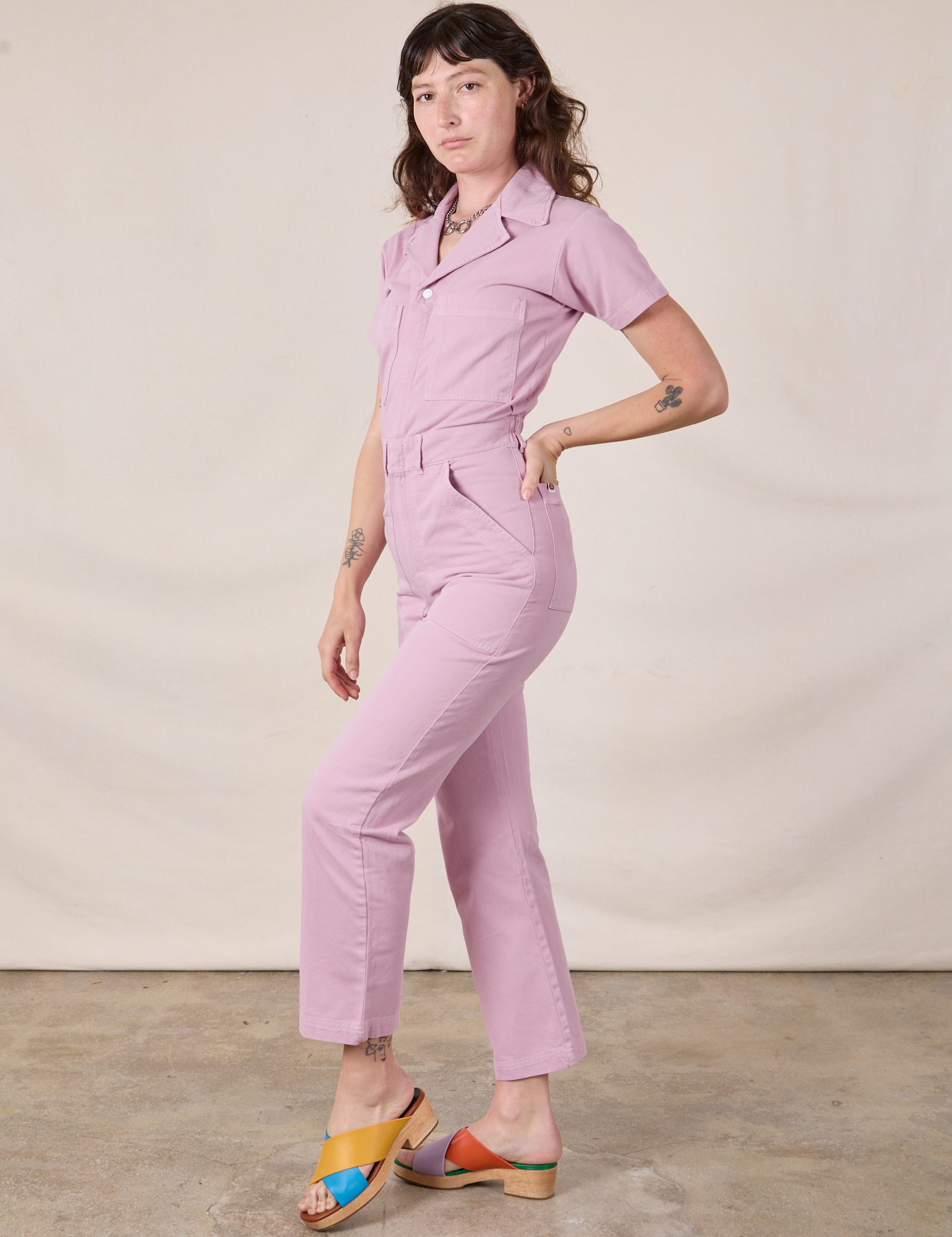 Short Sleeve Jumpsuit in Lilac side view on Alex