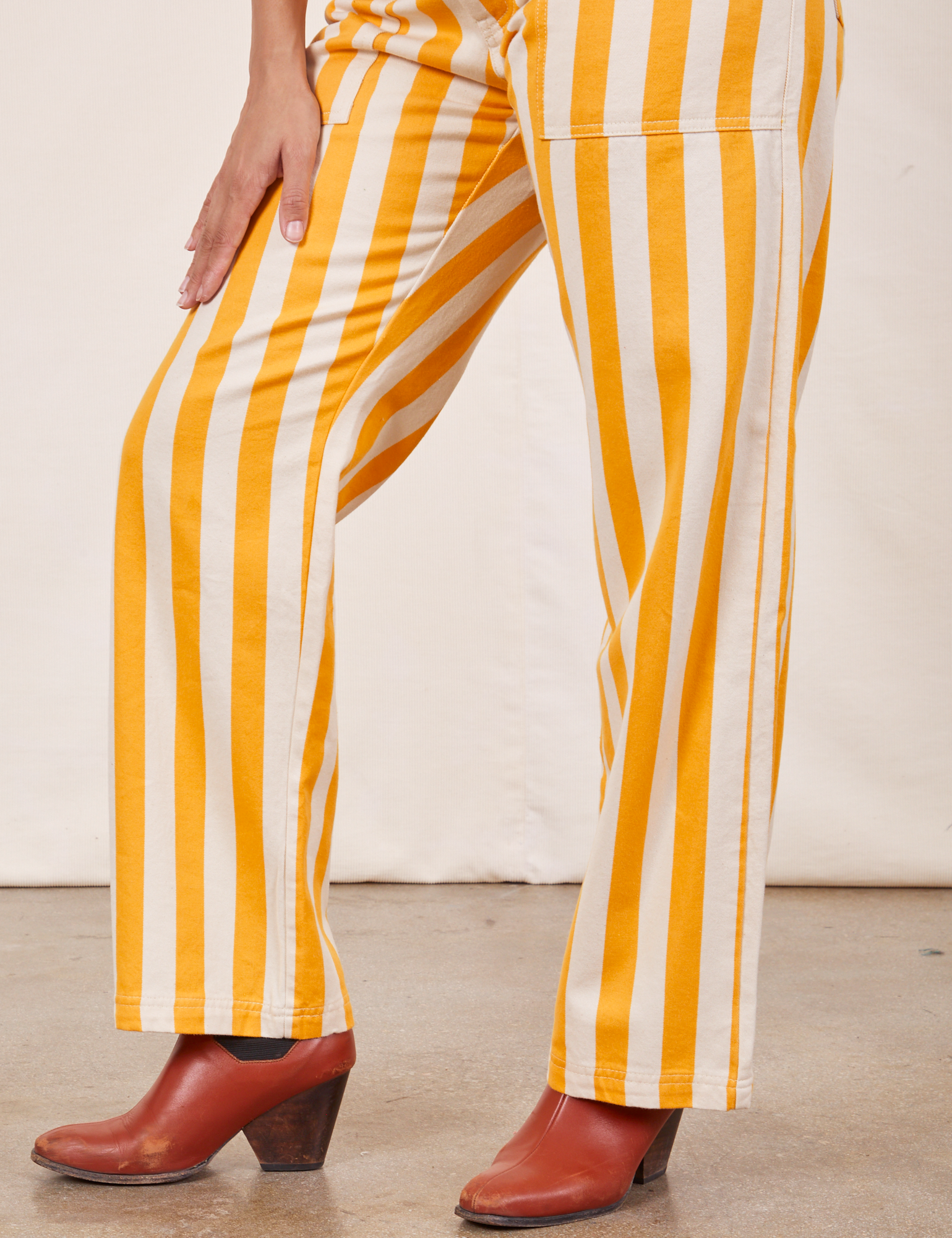 Work Pants in Lemon Stripe pant leg close up on Tiara