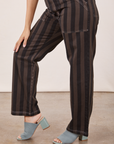 Black Striped Work Pants in Espresso pant leg side view close up on Tiara